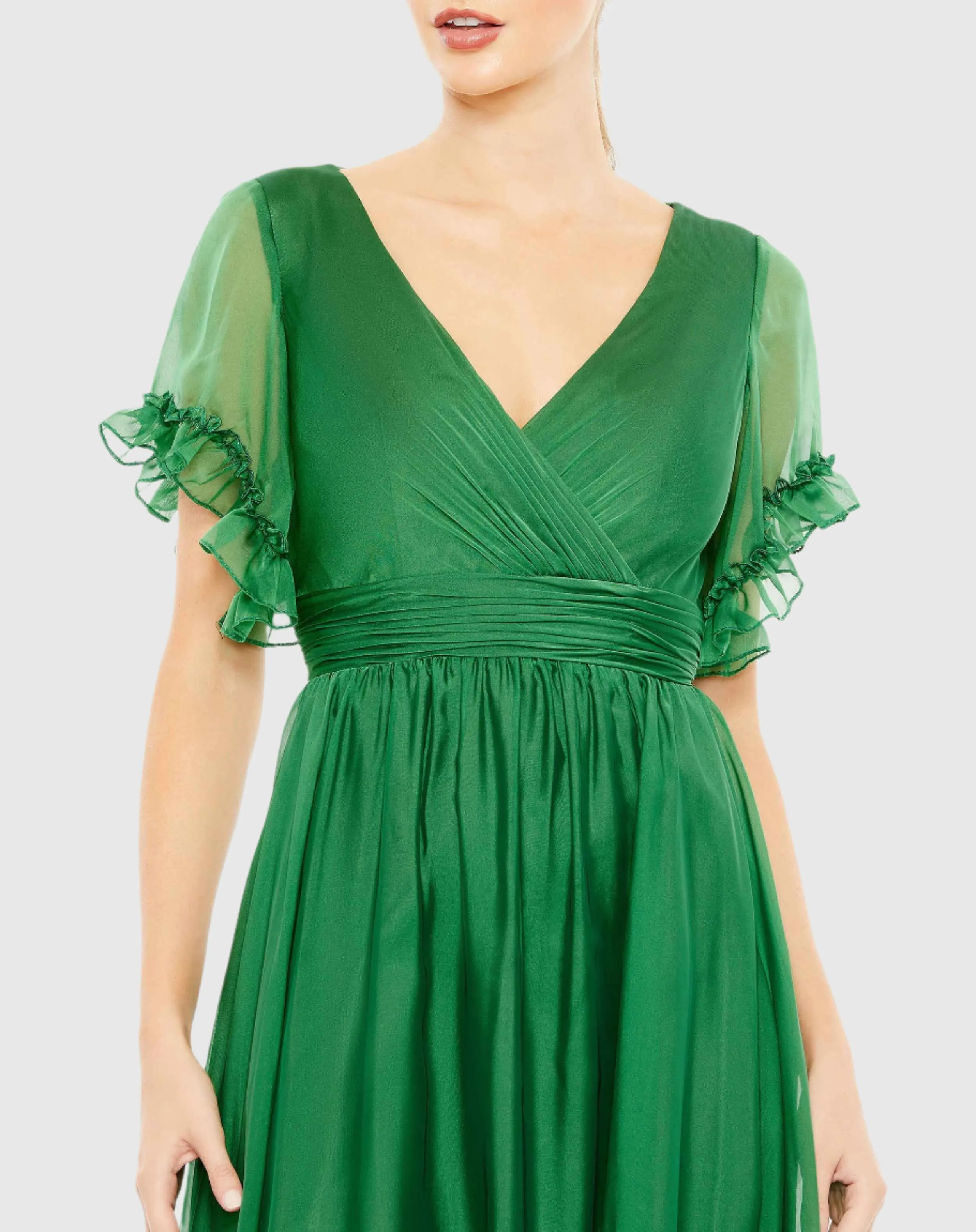 Green Butterfly Ruffle Trimmed Sleeve Wrap Over Flowy Gown sold by Mac Duggal product image thumbnail 2