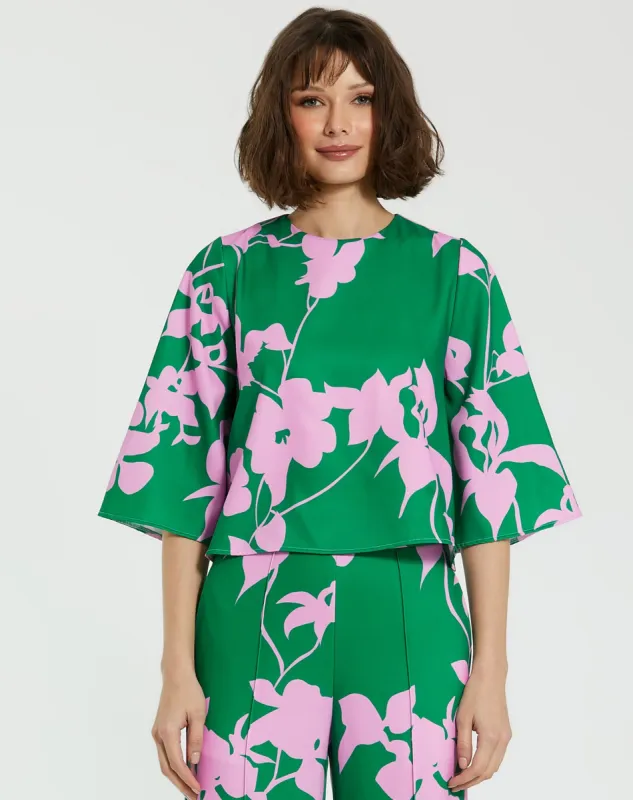 Green Printed Crepe 3/4 Bell Sleeve High Neck Top - FINAL SALE sold by Mac Duggal