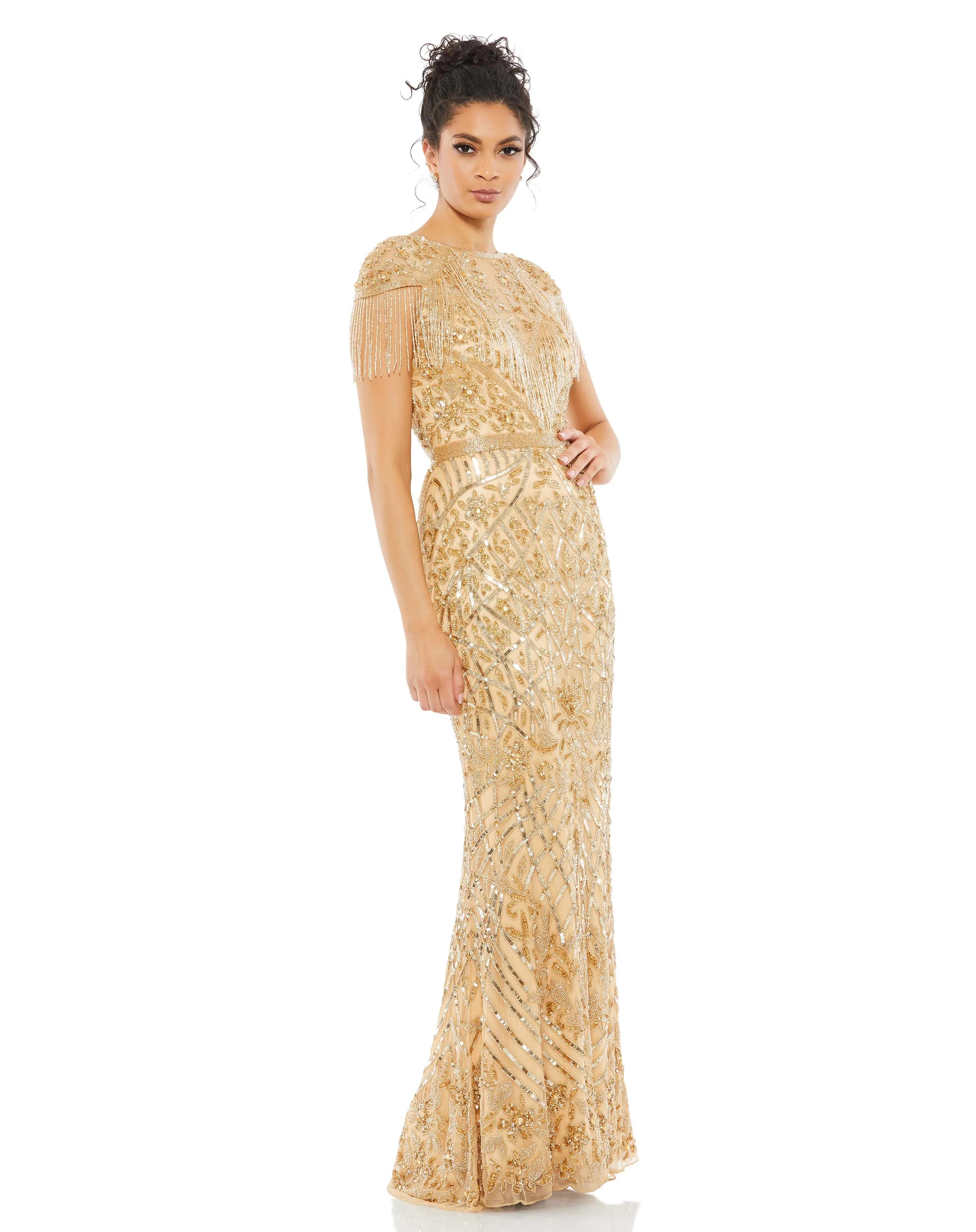 Gold Embellished Fringe Cap Sleeve Trumpet Gown sold by Mac Duggal