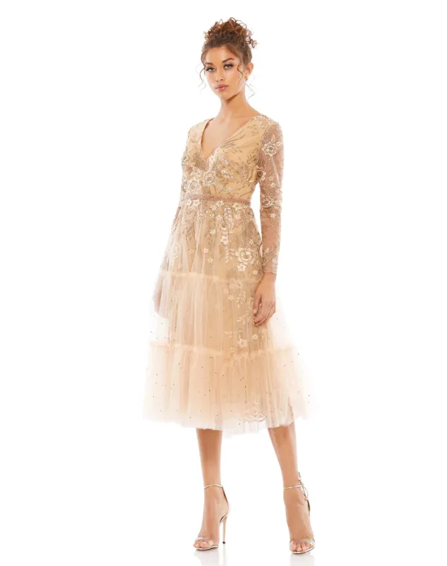 Tiered Floral Appliqué Tea-Length Dress sold by Mac Duggal