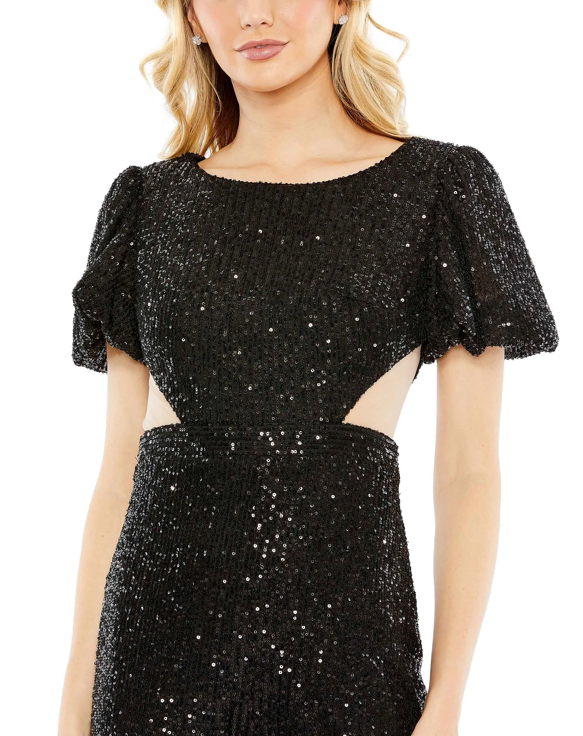 Black Sequined Puff Shoulder Illusion Cut Out Jumpsuit - FINAL SALE sold by Mac Duggal product image thumbnail 2