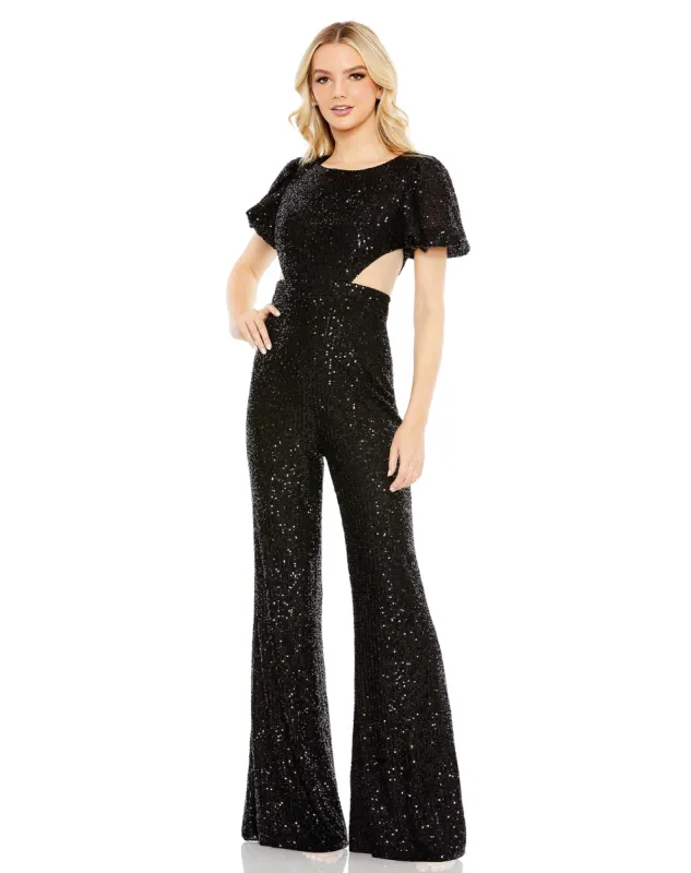 Black Sequined Puff Shoulder Illusion Cut Out Jumpsuit - FINAL SALE sold by Mac Duggal