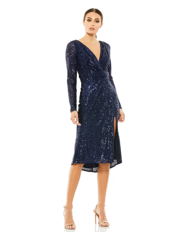Navy Long Sleeve Midi Sequin Dress sold by Mac Duggal