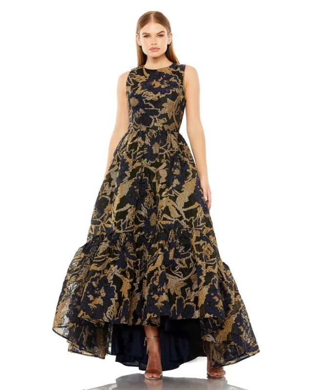 Black Sleeveless High Low Brocade Gown sold by Mac Duggal