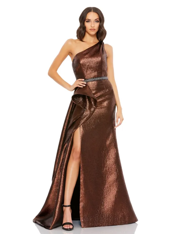 One Shoulder Metallic Ruffled Evening Gown | Sample | Sz. 2 sold by Mac Duggal