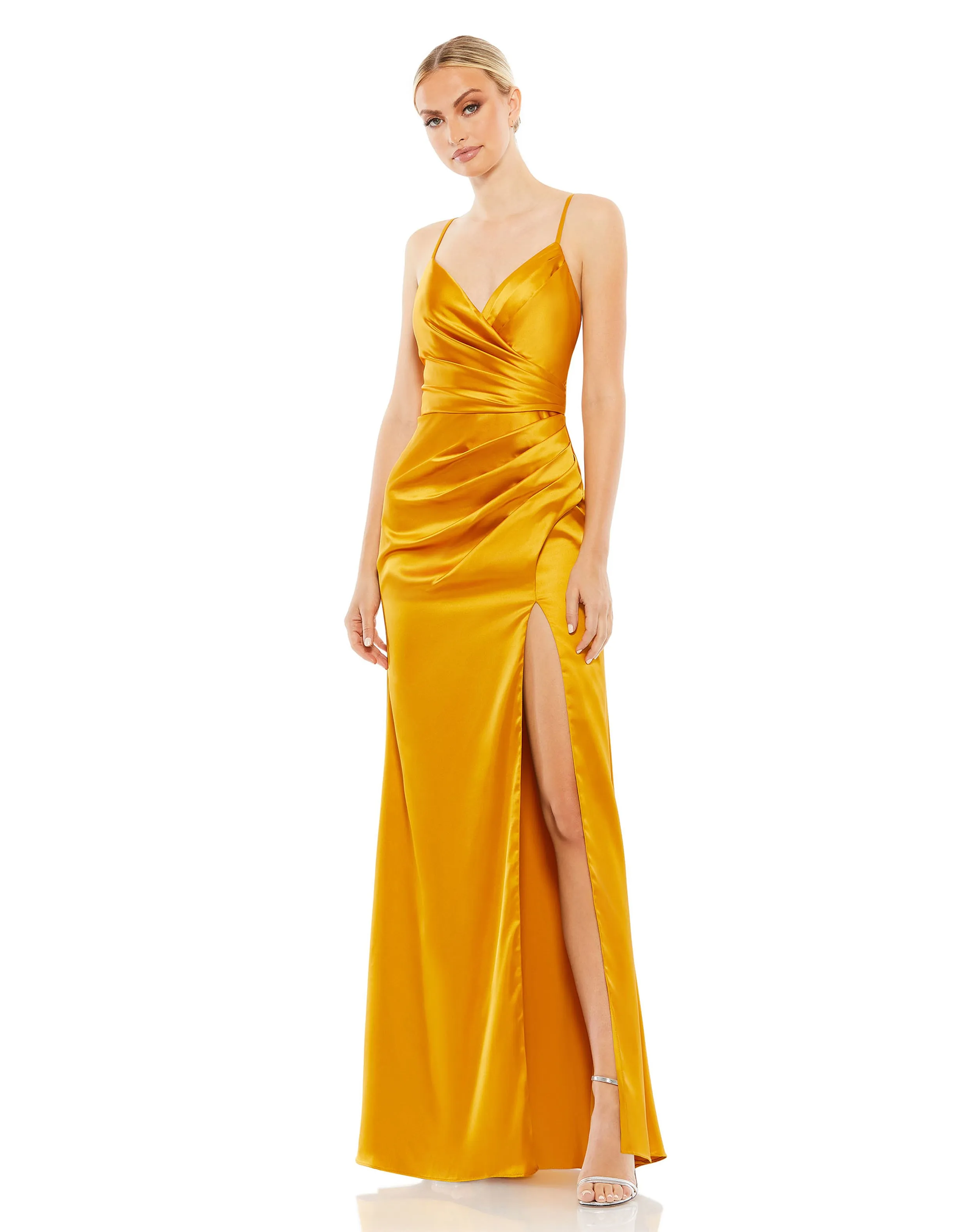 Satin Sleeveless Faux Wrap Ruched Gown sold by Mac Duggal