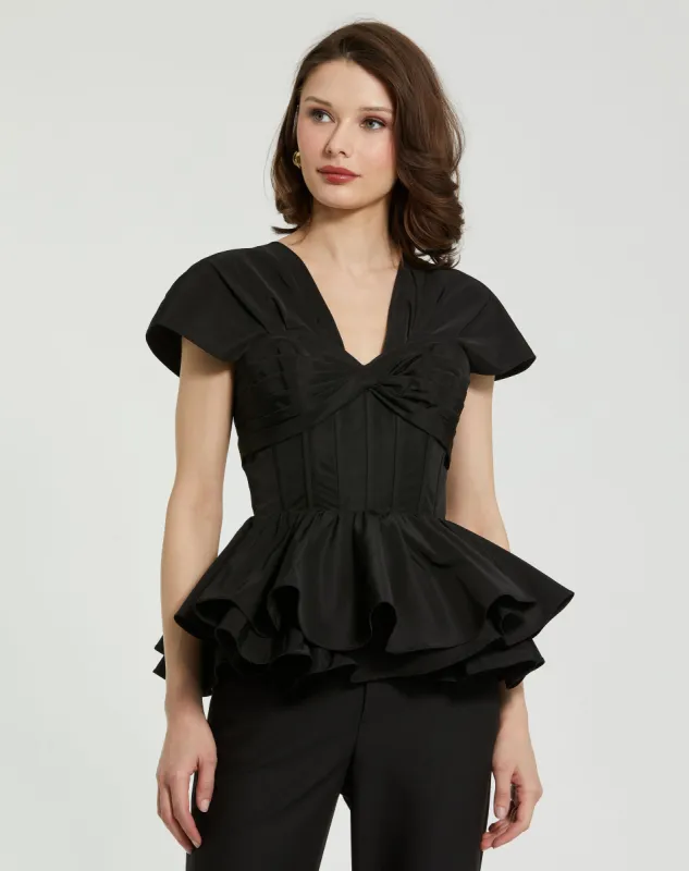 Black Faille Twist Bustier Peplum Top sold by Mac Duggal