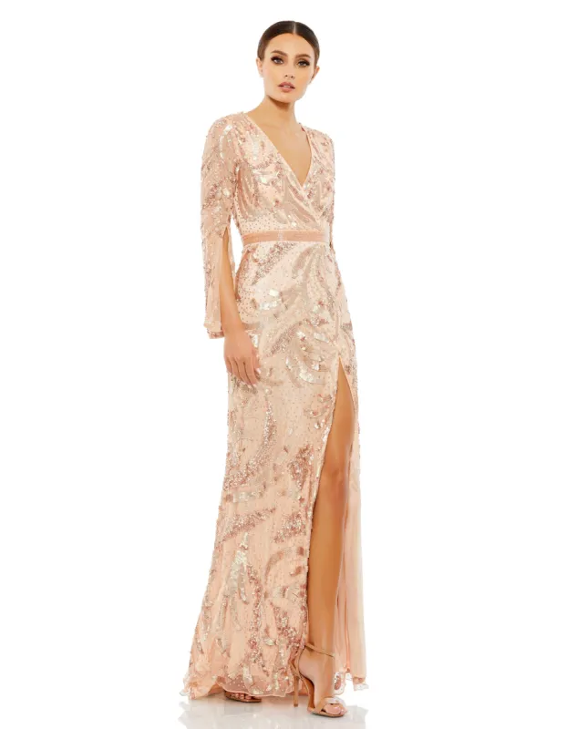 Silver Sequined Faux Wrap Split Long Sleeve Gown sold by Mac Duggal