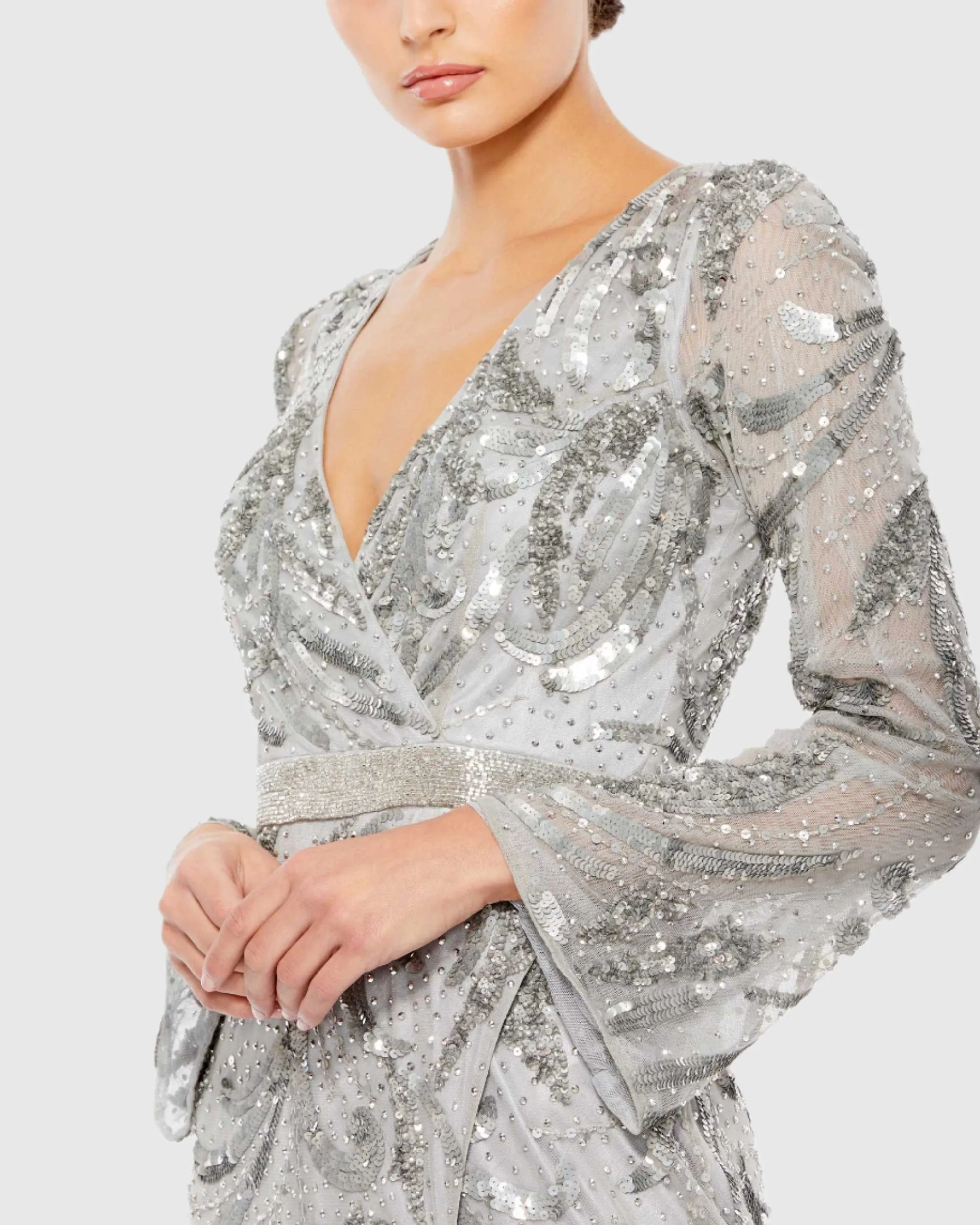 Silver Sequined Faux Wrap Split Long Sleeve Gown sold by Mac Duggal product image thumbnail 5