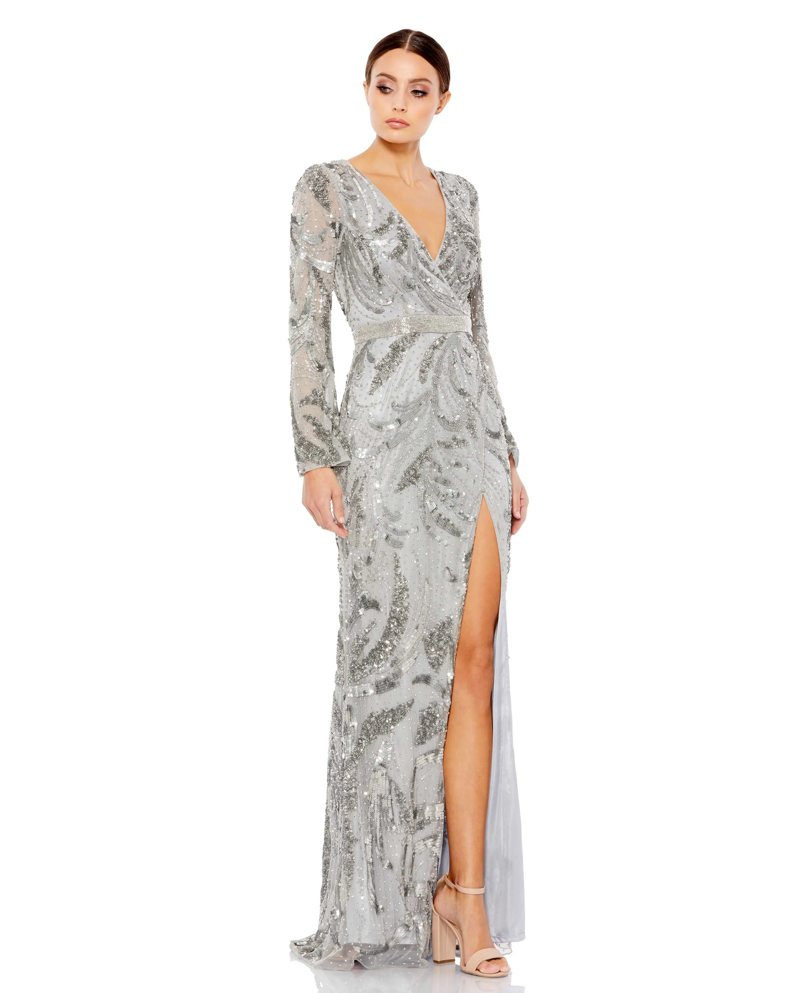 Silver Sequined Faux Wrap Split Long Sleeve Gown sold by Mac Duggal product image thumbnail 4