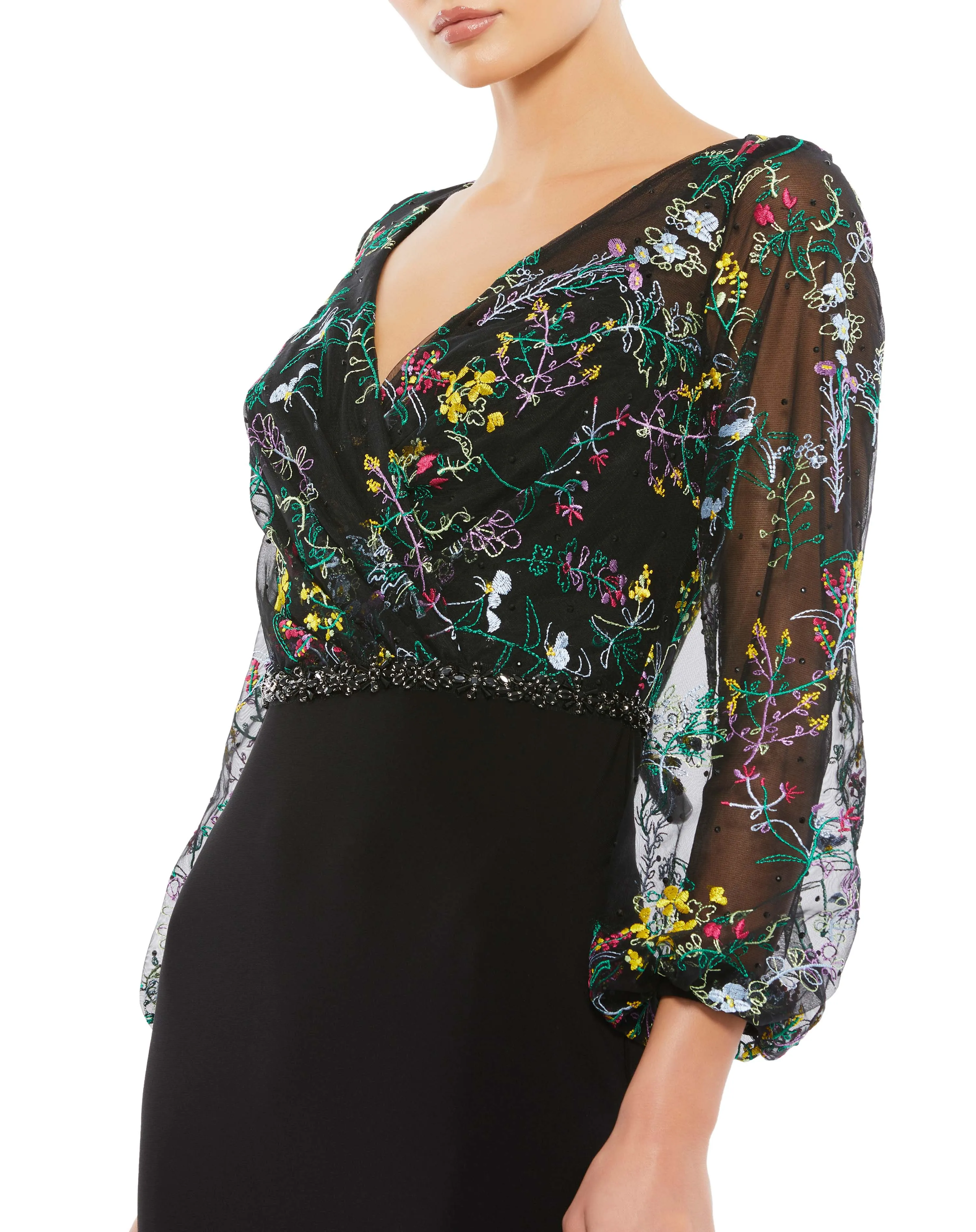 Black Embroidered Illusion Puff Sleeve Gown sold by Mac Duggal product image thumbnail 3