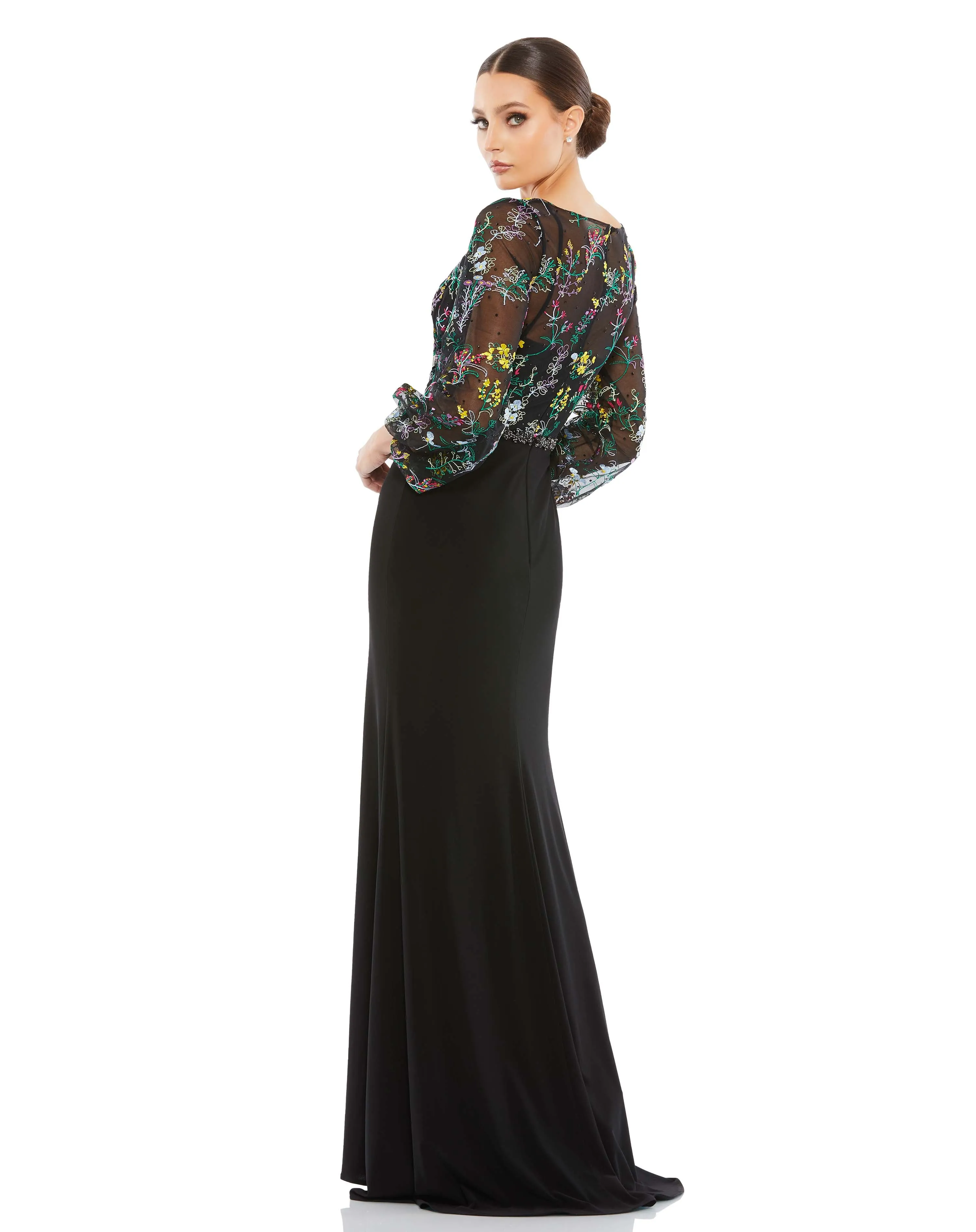 Black Embroidered Illusion Puff Sleeve Gown sold by Mac Duggal product image thumbnail 2
