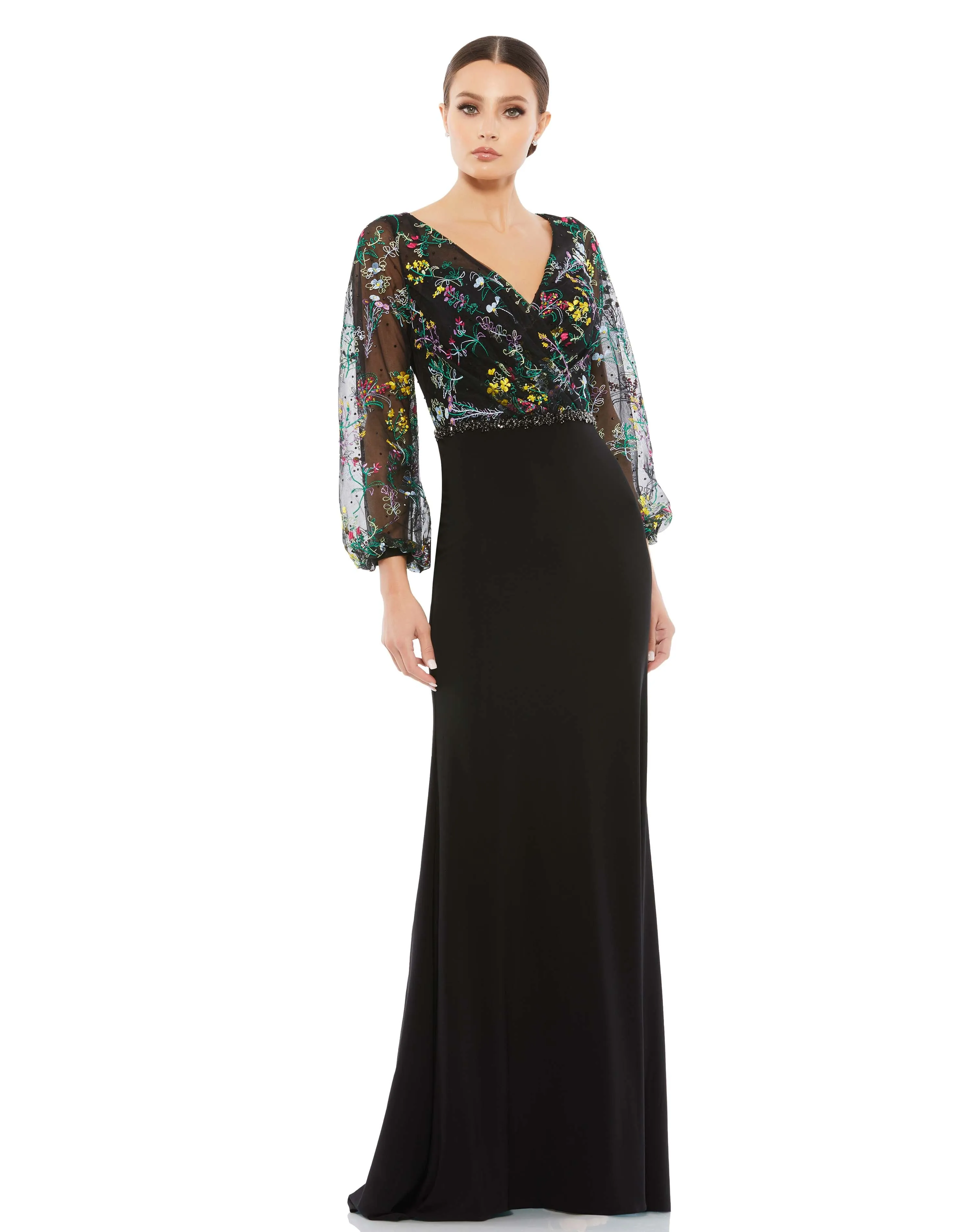 Black Embroidered Illusion Puff Sleeve Gown sold by Mac Duggal