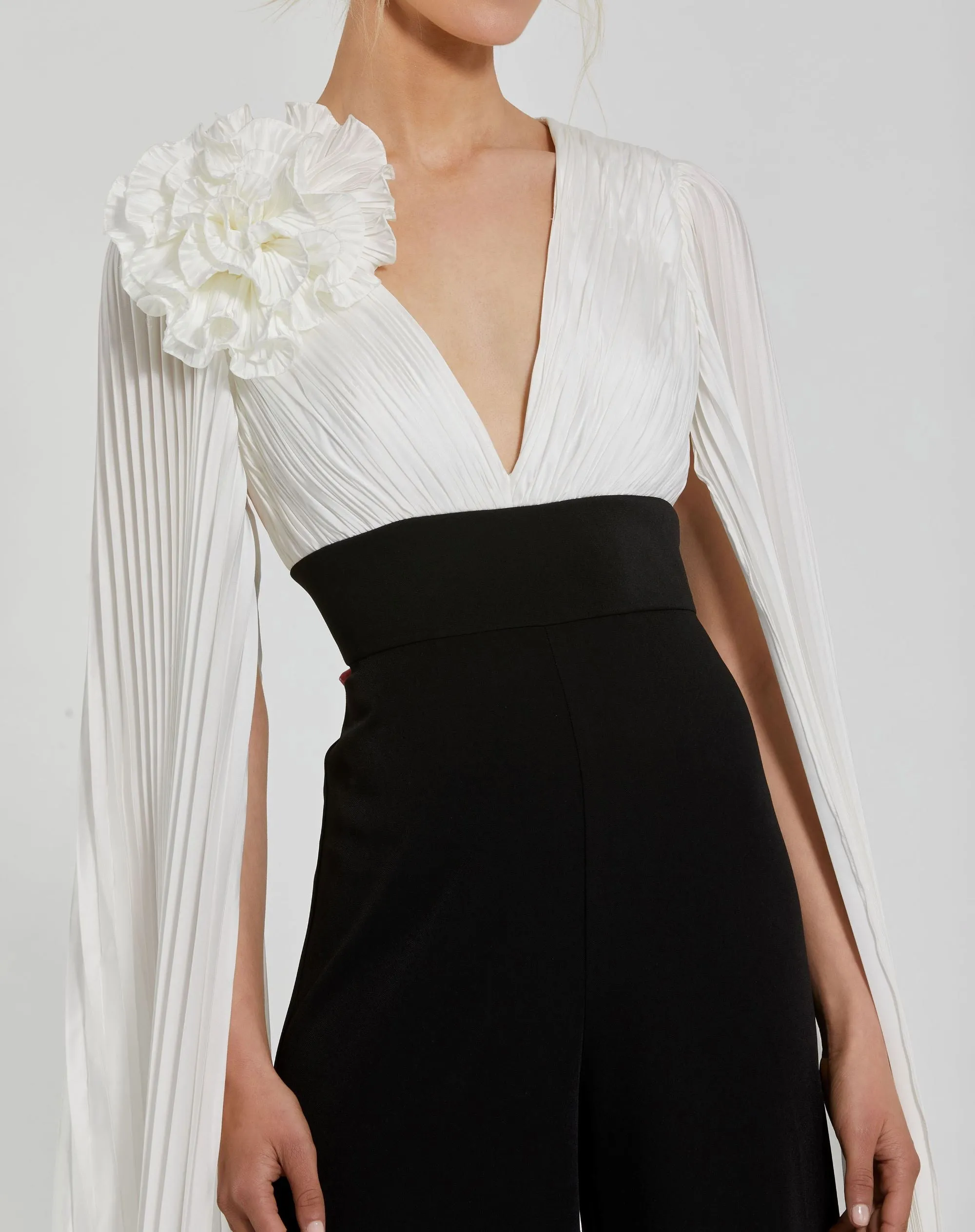 White and Black Pleated Charmeuse And Crepe Wide Leg Jumpsuit sold by Mac Duggal product image thumbnail 2