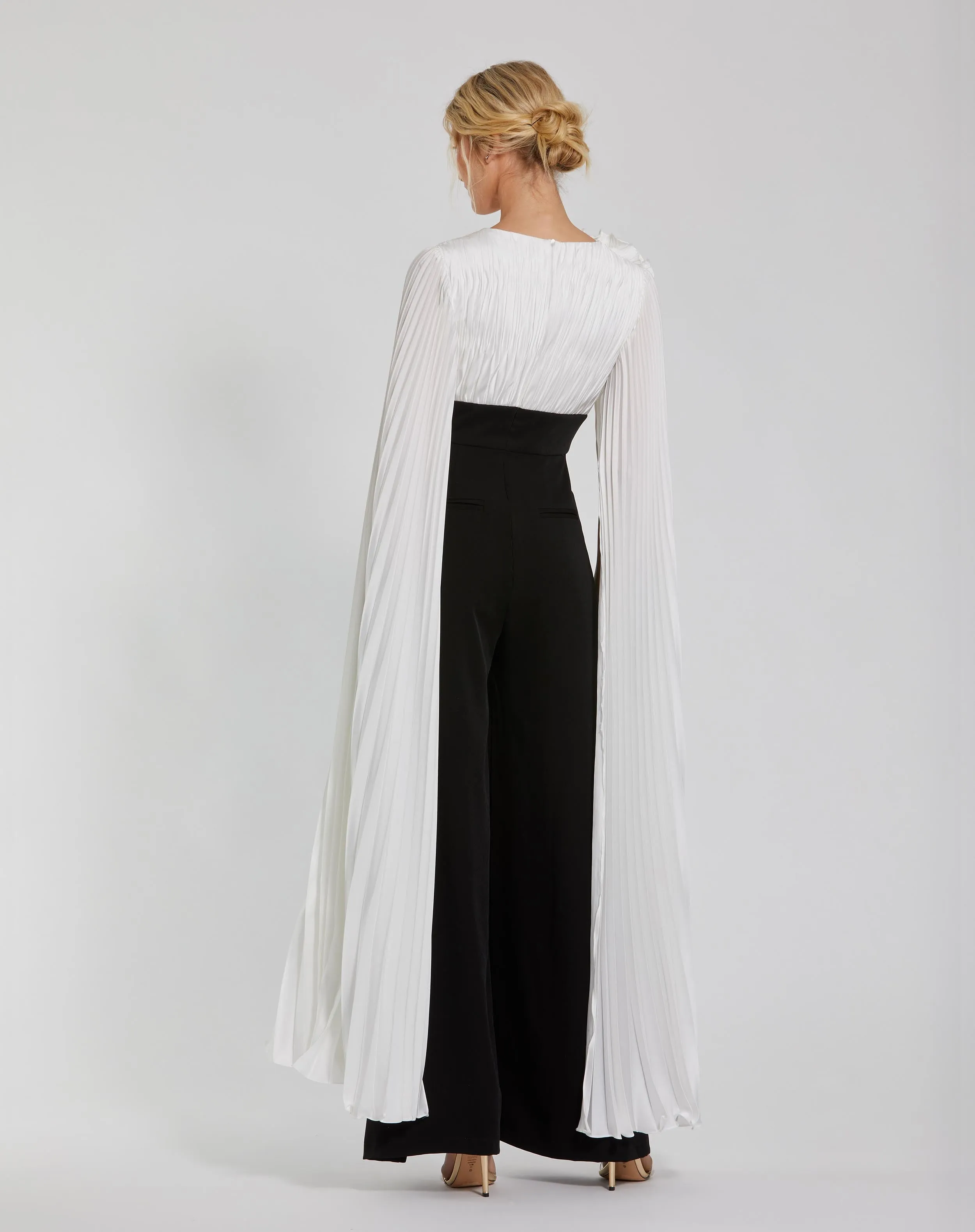 White and Black Pleated Charmeuse And Crepe Wide Leg Jumpsuit sold by Mac Duggal product image thumbnail 3
