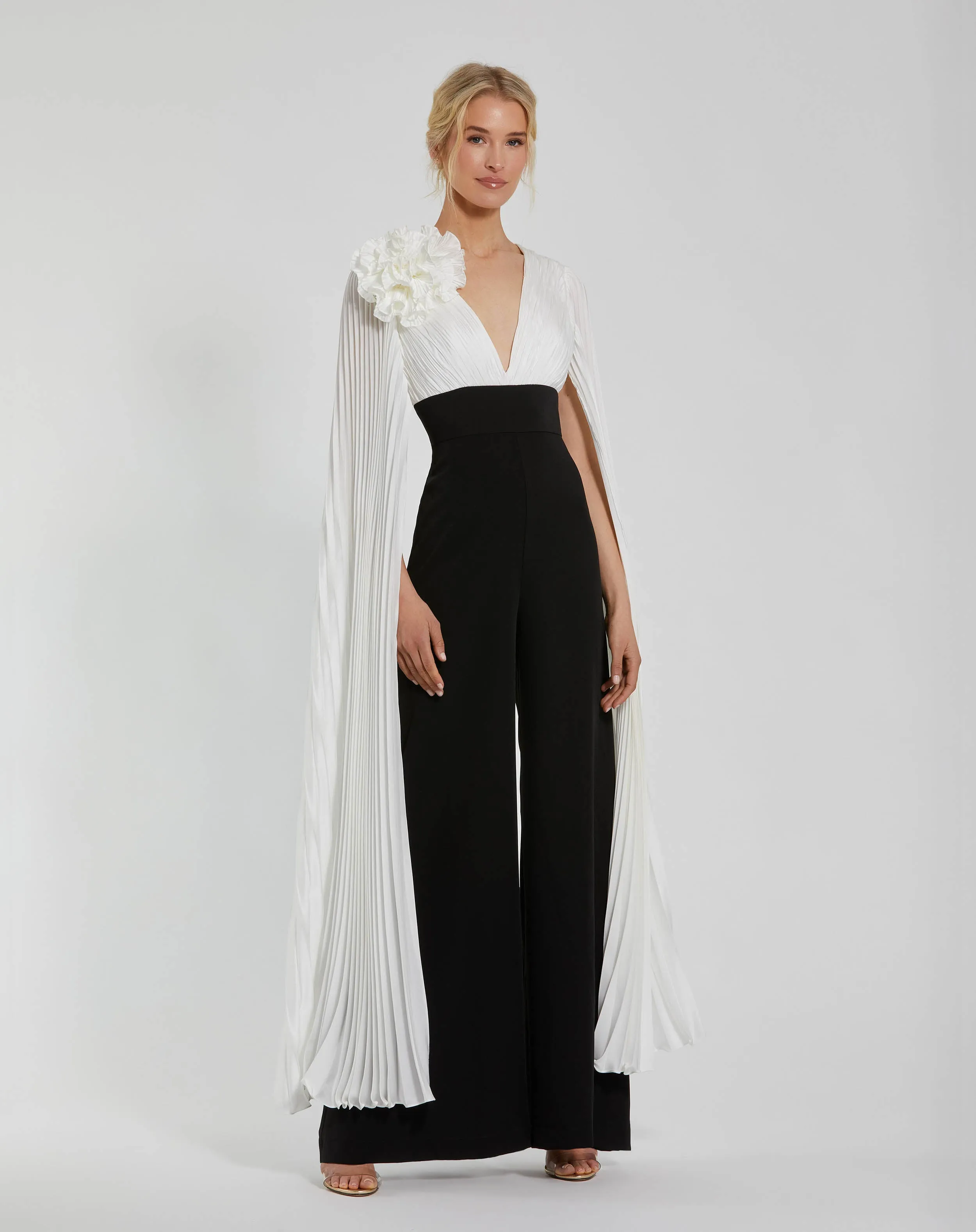 White and Black Pleated Charmeuse And Crepe Wide Leg Jumpsuit sold by Mac Duggal