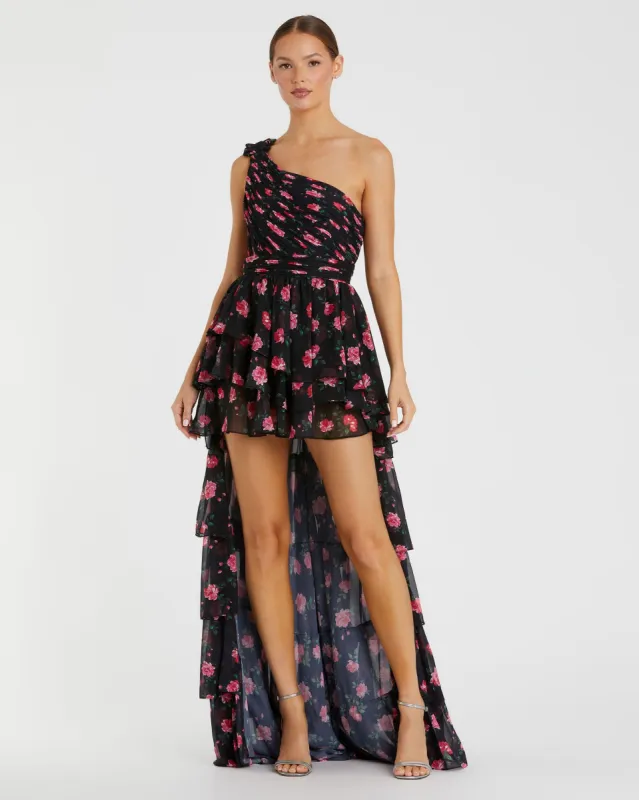 Black One Shoulder Ruffled Rose Print Layered High-Low Dress - FINAL SALE sold by Mac Duggal