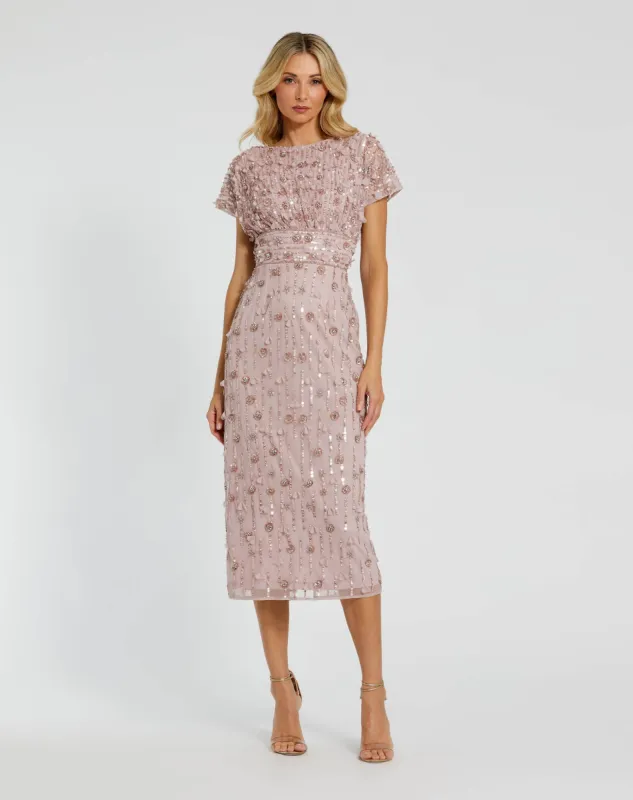 Pink Cap Sleeve Sheath Midi Dress With Floral Beading sold by Mac Duggal