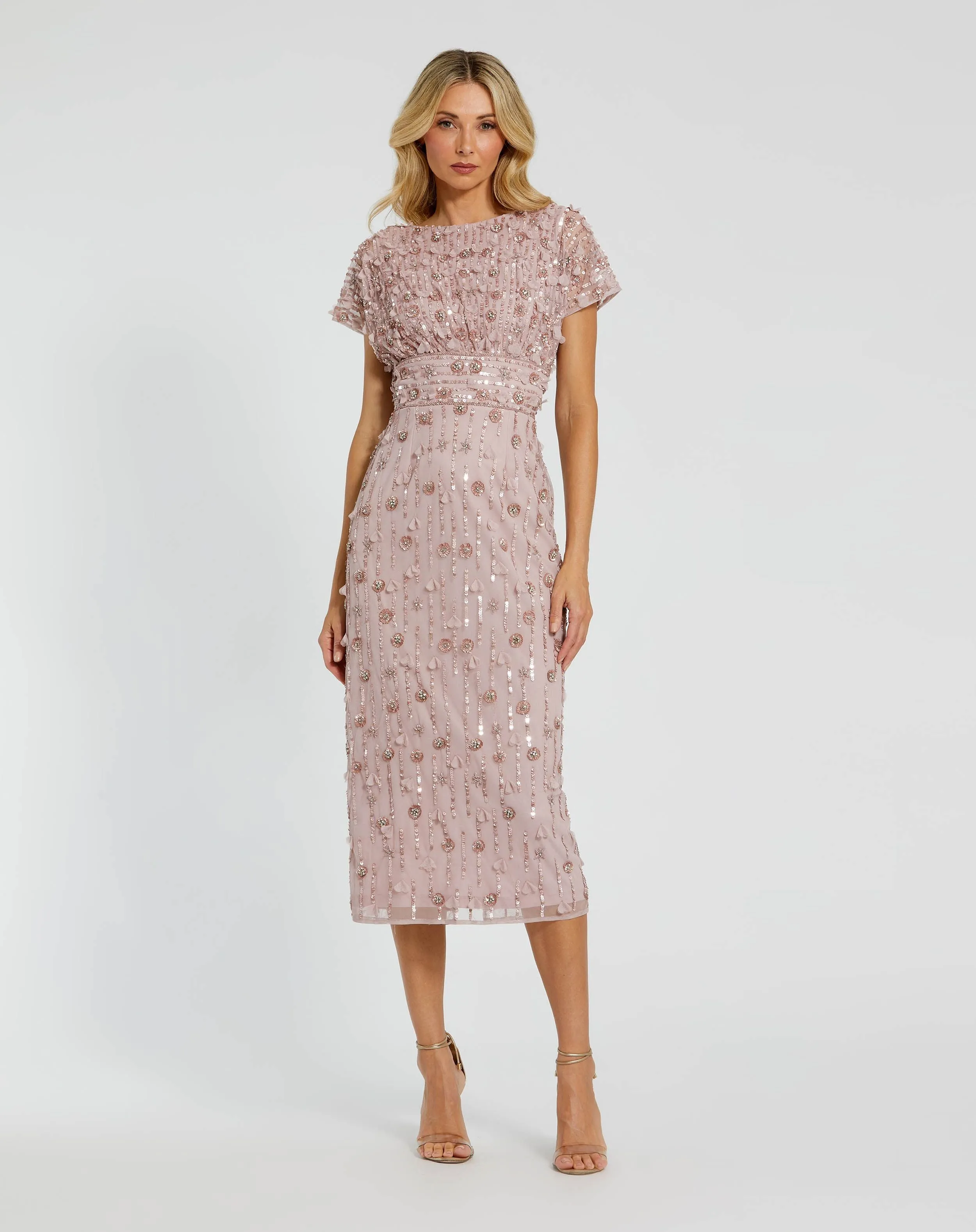 Pink Cap Sleeve Sheath Midi Dress With Floral Beading sold by Mac Duggal