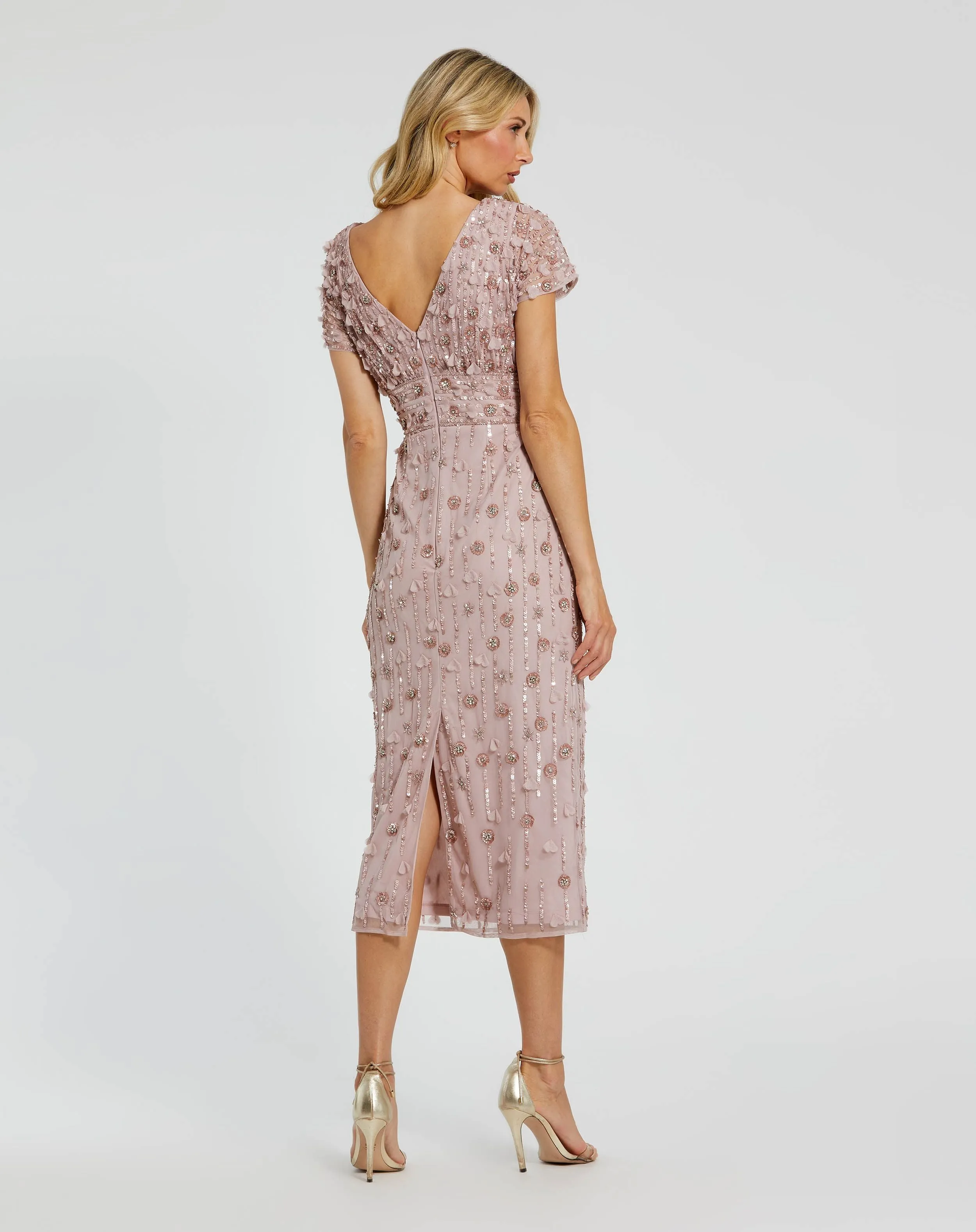Pink Cap Sleeve Sheath Midi Dress With Floral Beading sold by Mac Duggal product image thumbnail 3