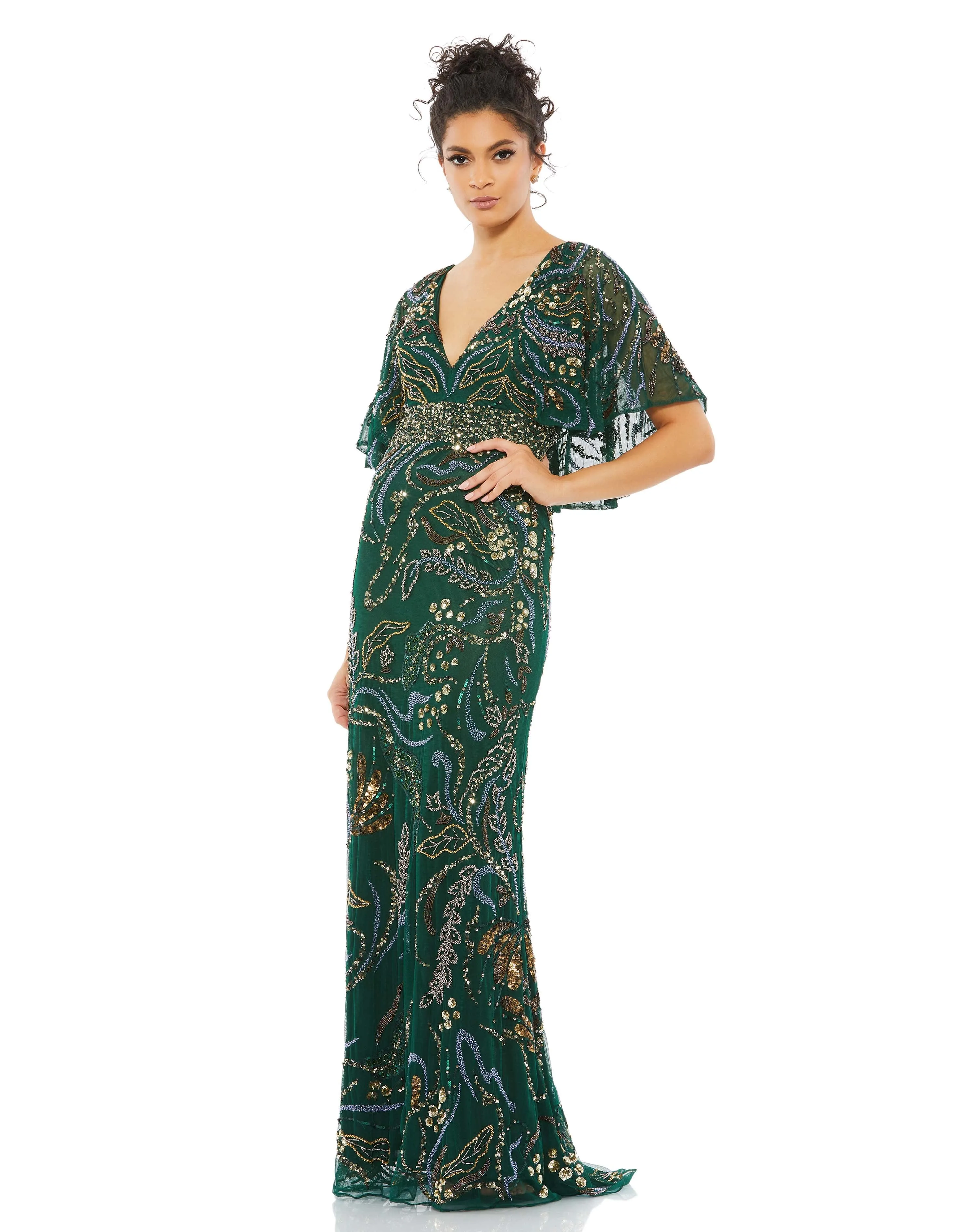Green Embellished V Neck Cape Sleeve Column Gown sold by Mac Duggal