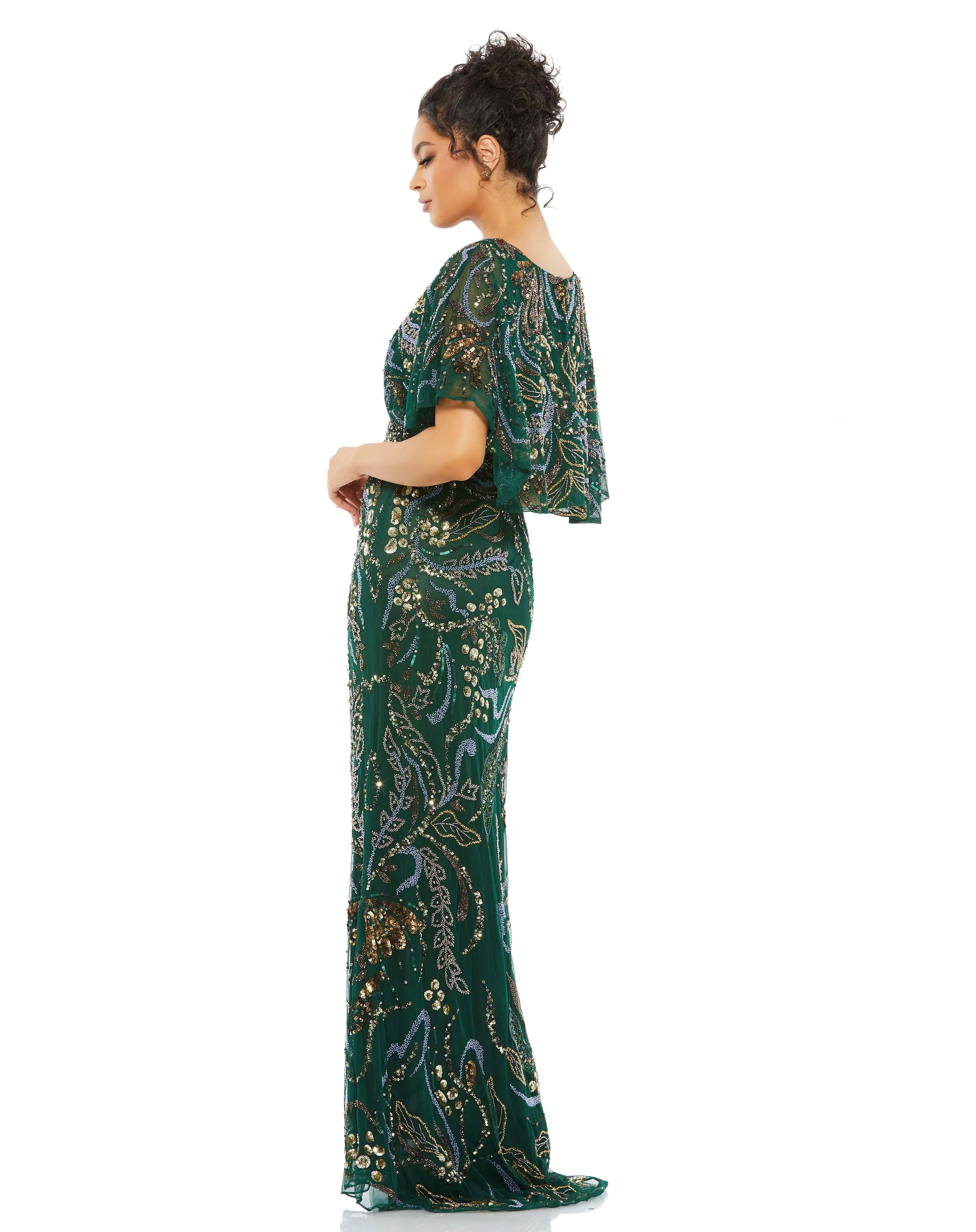 Green Embellished V Neck Cape Sleeve Column Gown sold by Mac Duggal product image thumbnail 3