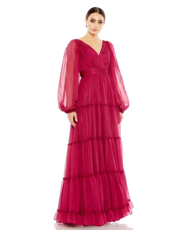 Pink Ruffle Tiered Puff Sleeve A Line Gown - FINAL SALE sold by Mac Duggal