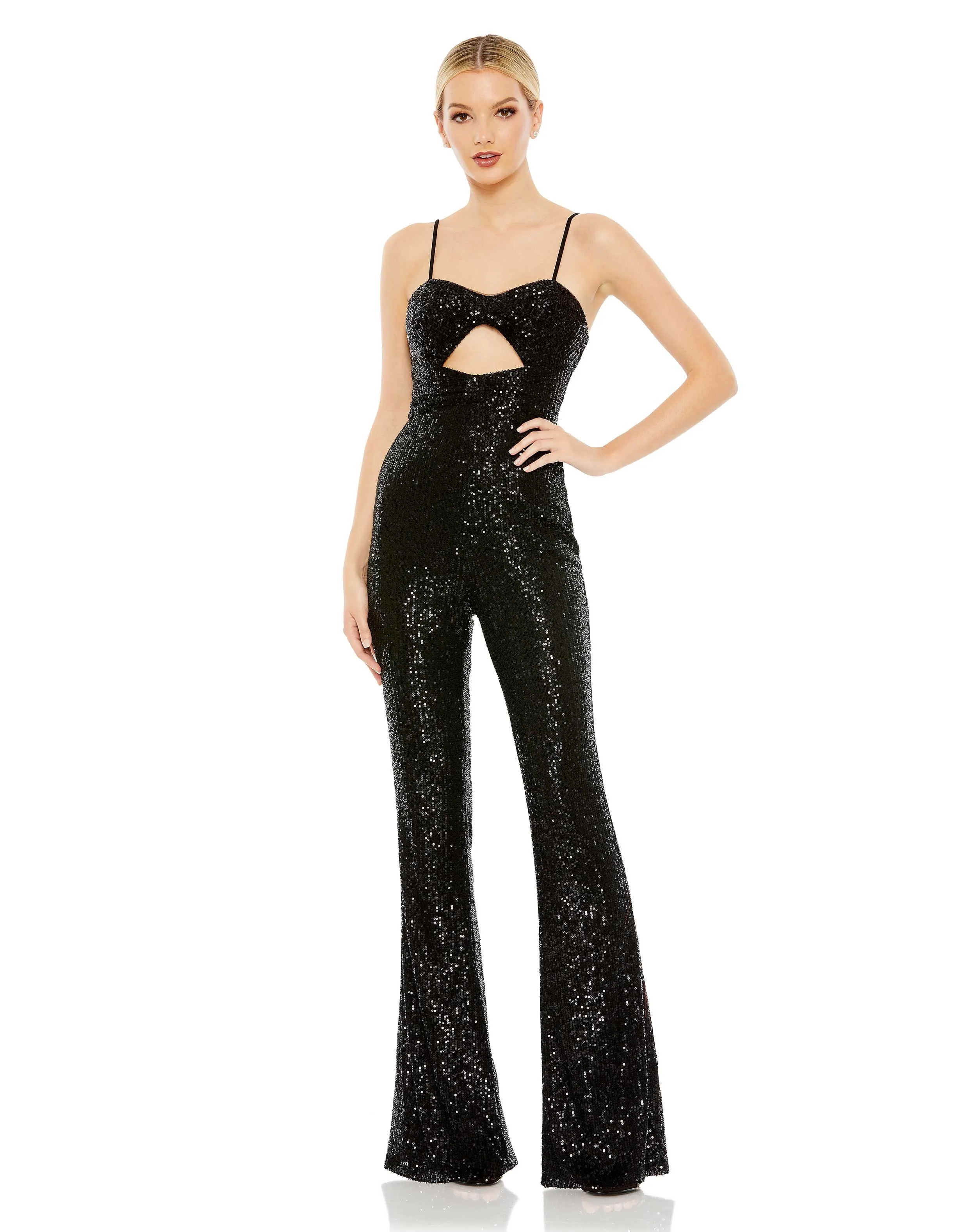 Black Sequined Spaghetti Strap Cut Out Jumpsuit - FINAL SALE sold by Mac Duggal