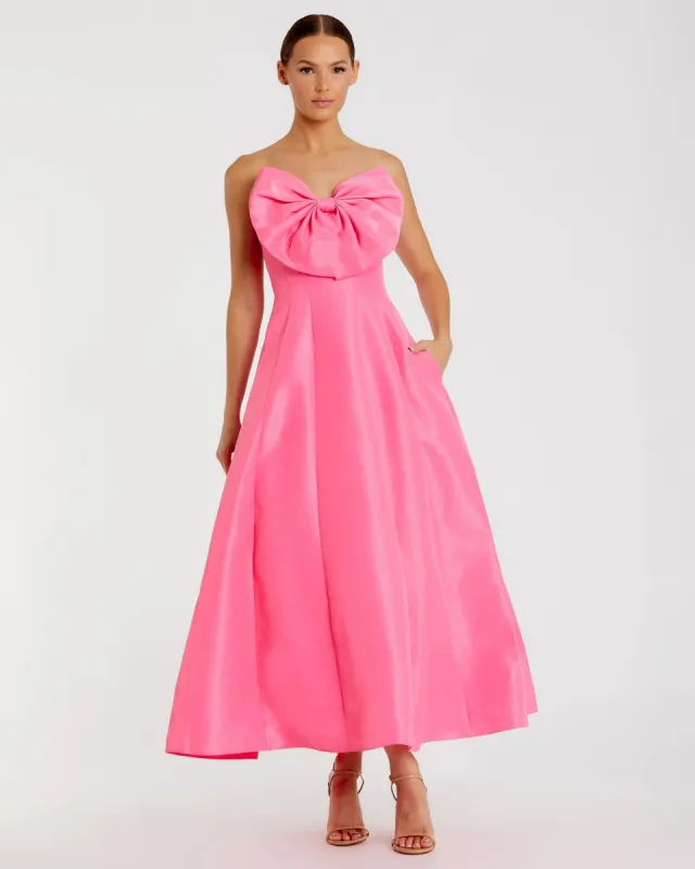 Pink Strapless A-Line Tea Length Statement Bow Dress sold by Mac Duggal