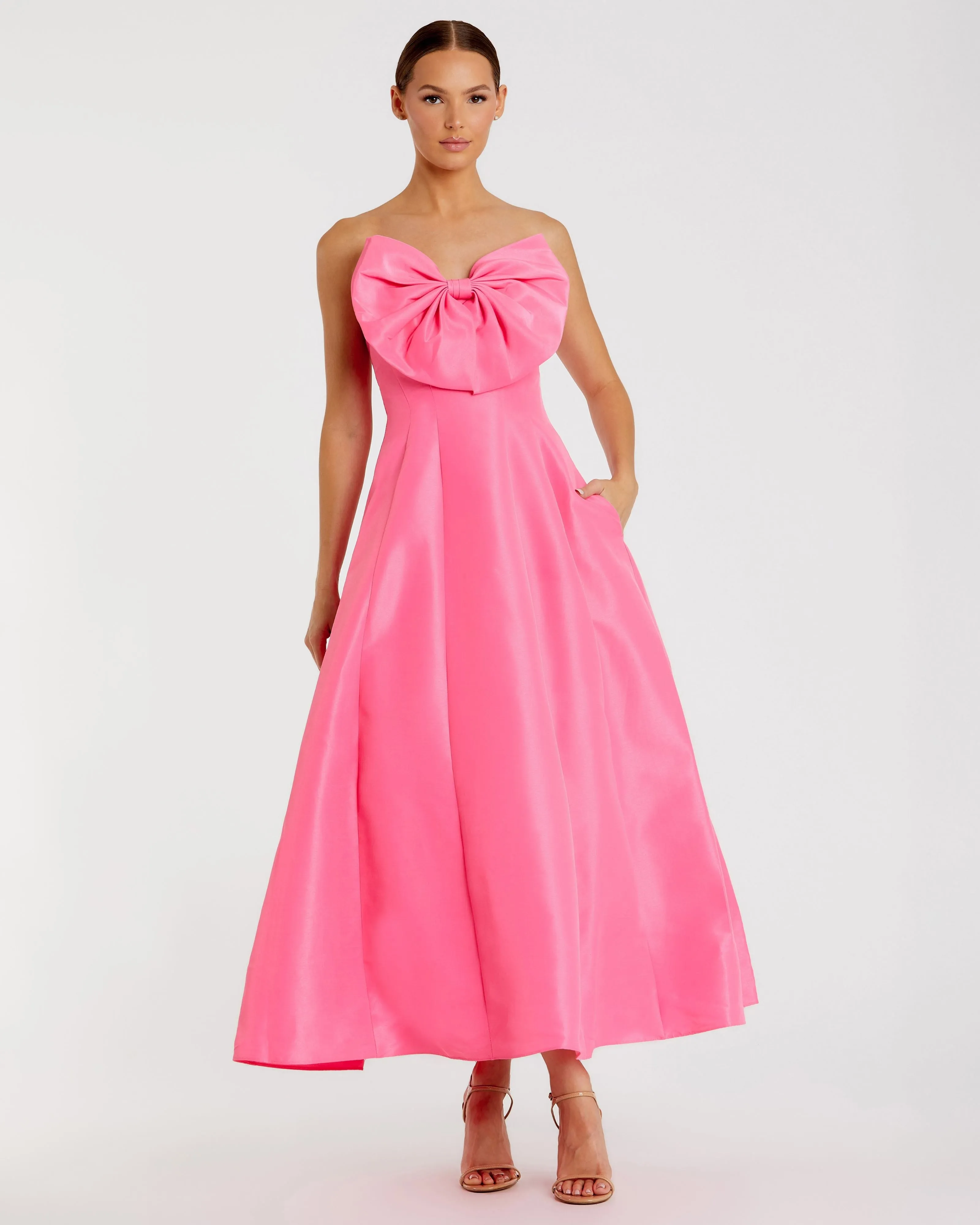 Pink Strapless A-Line Tea Length Statement Bow Dress sold by Mac Duggal