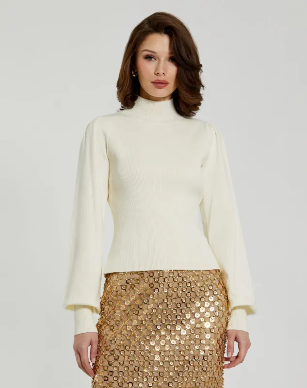 White Ribbed Knit Balloon Sleeve Turtle Neck Sweater - FINAL SALE sold by Mac Duggal