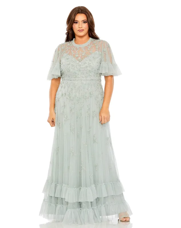 Green Embellished Flutter Sleeve Ruffle Tiered Gown sold by Mac Duggal