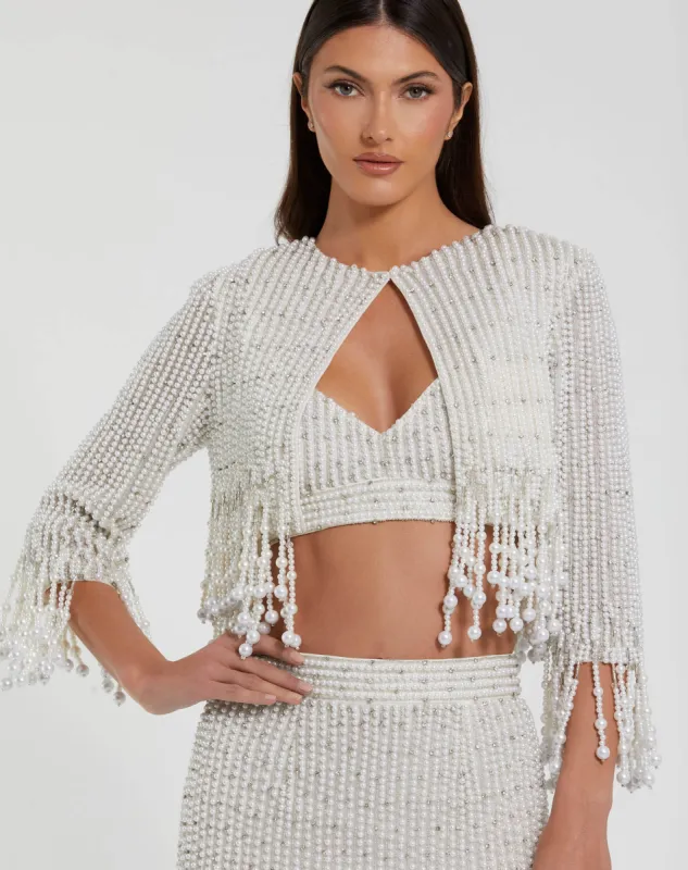 White Pearl Beaded Cropped Jacket sold by Mac Duggal
