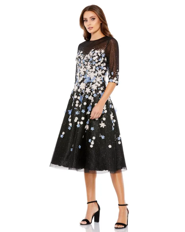 Black Floral Embroidered A-Line Tea-Length Cocktail Dress sold by Mac Duggal