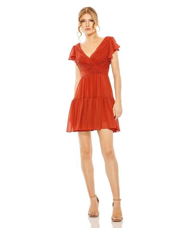 Flutter Sleeve Ruffle Tiered V Neck Dress | Sample | Sz. 2 sold by Mac Duggal