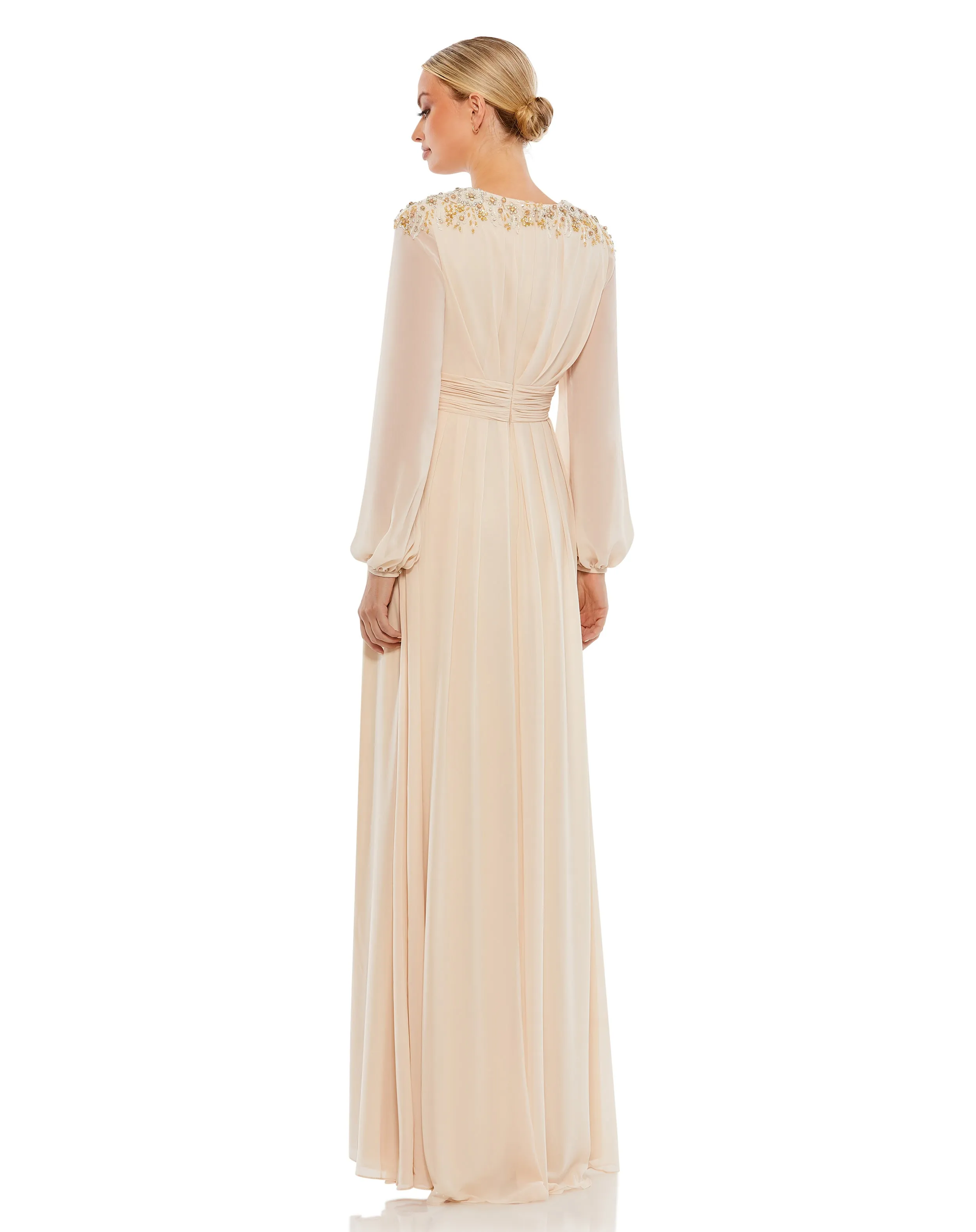 Beige Embellished Shoulder Blouson Sleeve Evening Gown sold by Mac Duggal product image thumbnail 3