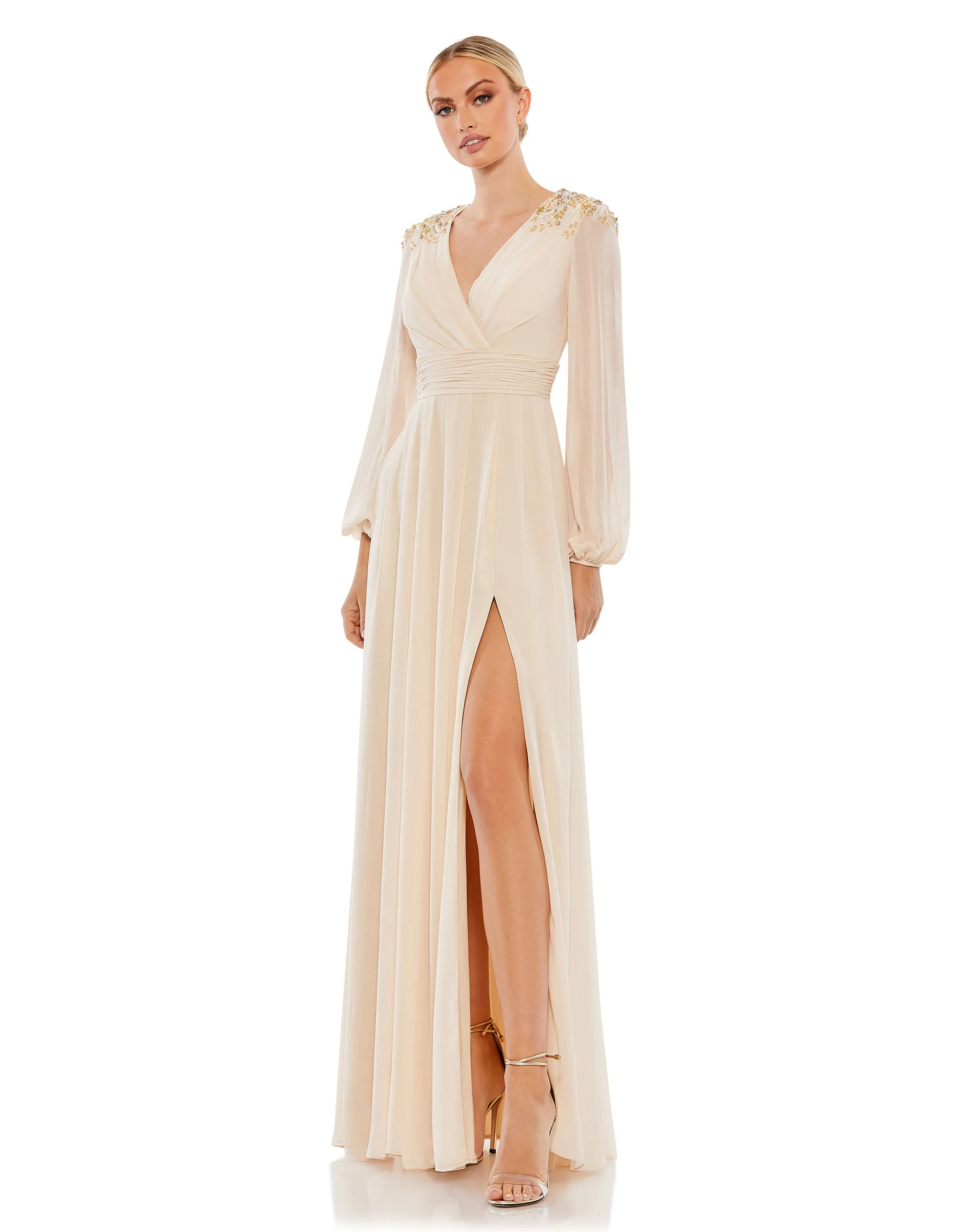 Beige Embellished Shoulder Blouson Sleeve Evening Gown sold by Mac Duggal