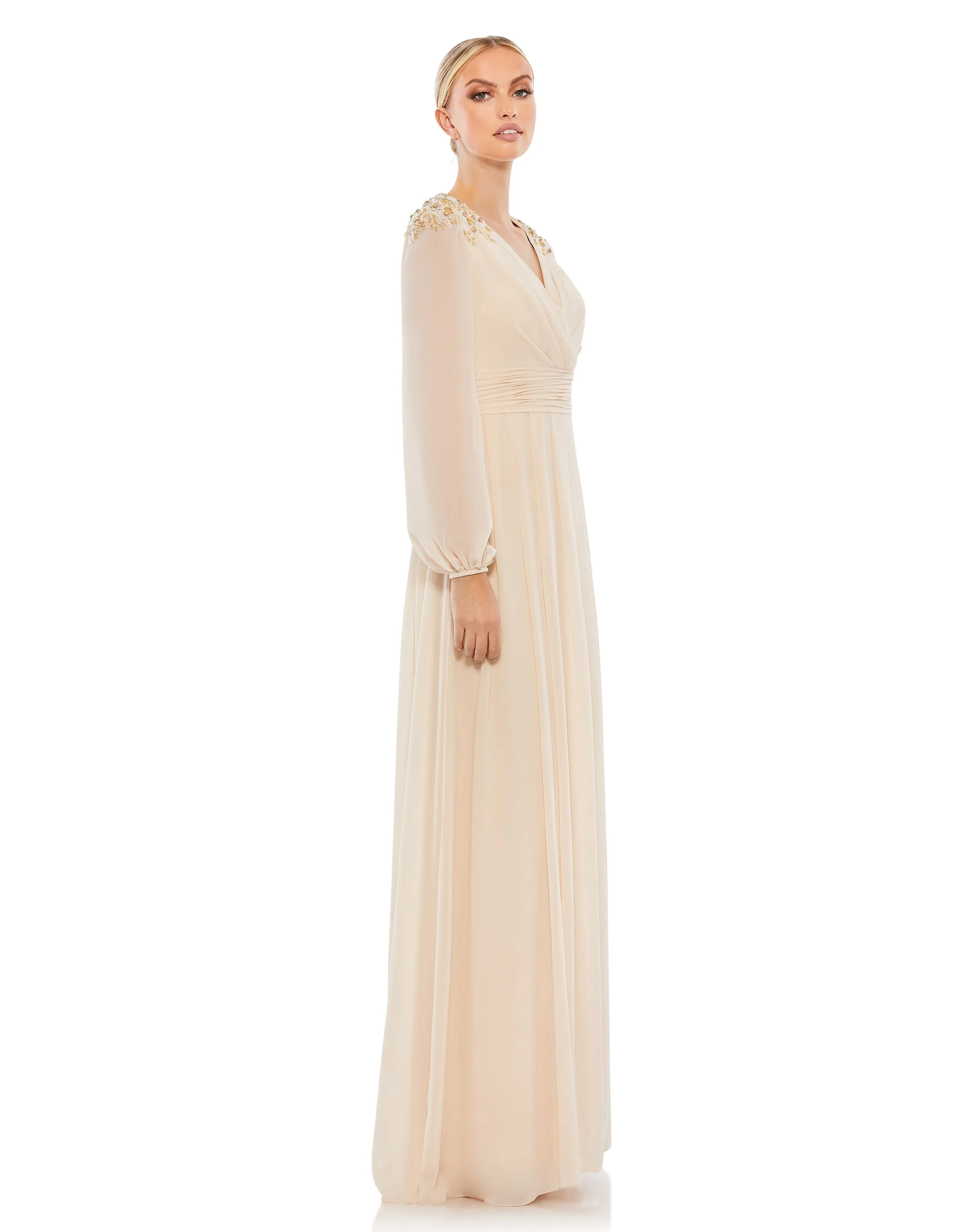 Beige Embellished Shoulder Blouson Sleeve Evening Gown sold by Mac Duggal product image thumbnail 4