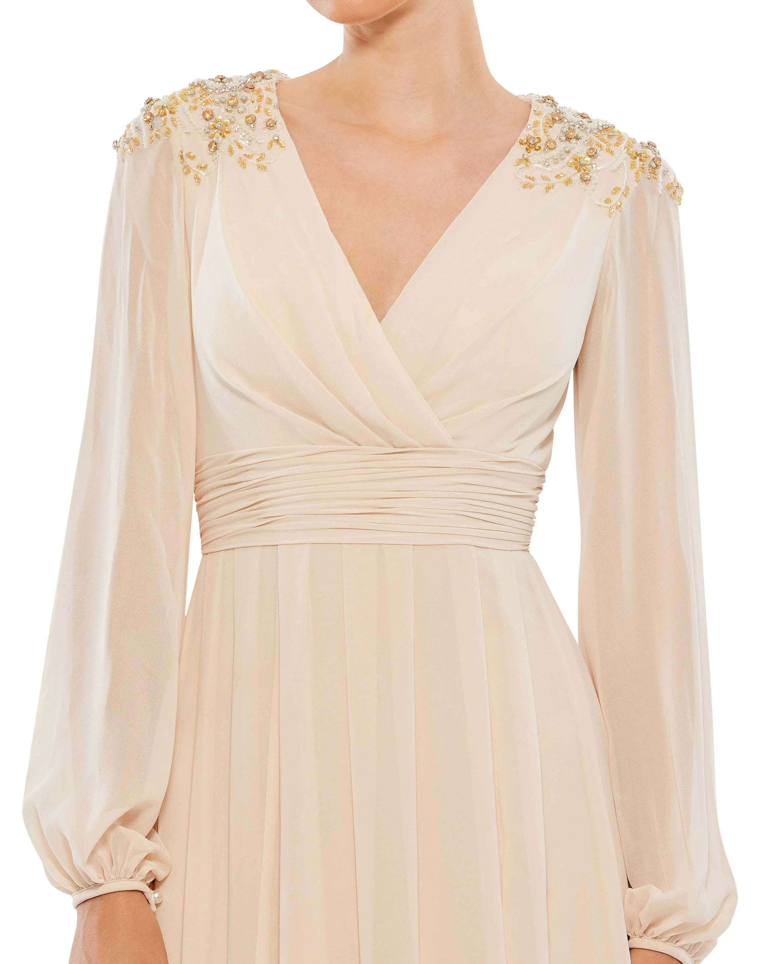 Beige Embellished Shoulder Blouson Sleeve Evening Gown sold by Mac Duggal product image thumbnail 2