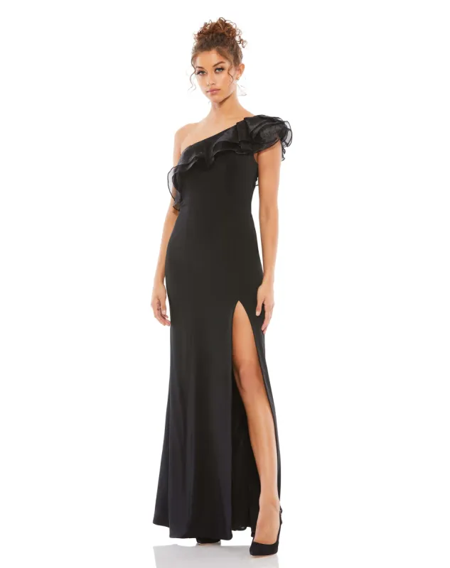 Black One Shoulder Ruffle Evening Gown sold by Mac Duggal