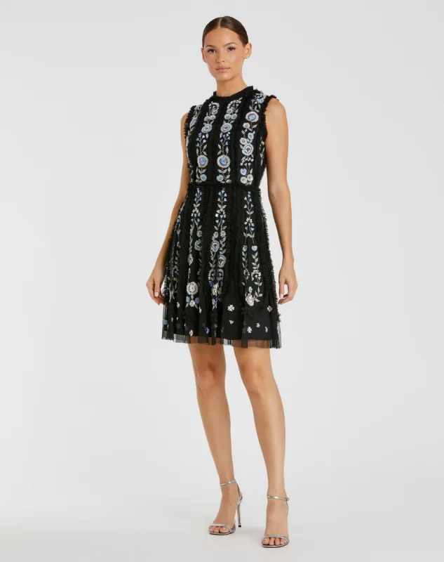 Black Sleeveless High Neck Embroidered Mini Dress sold by Mac Duggal