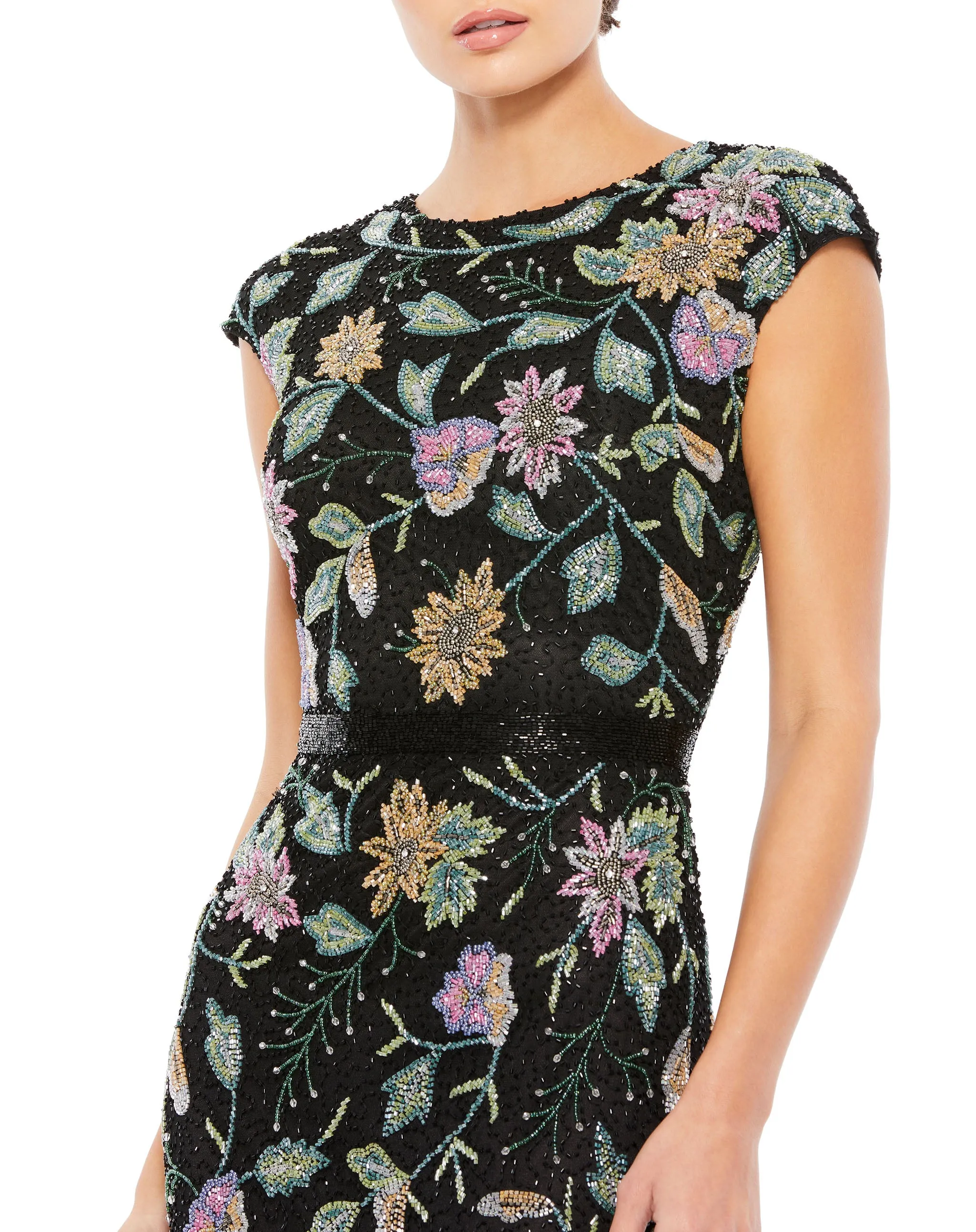 Brown Floral Beaded Cap Sleeve Evening Gown sold by Mac Duggal product image thumbnail 5