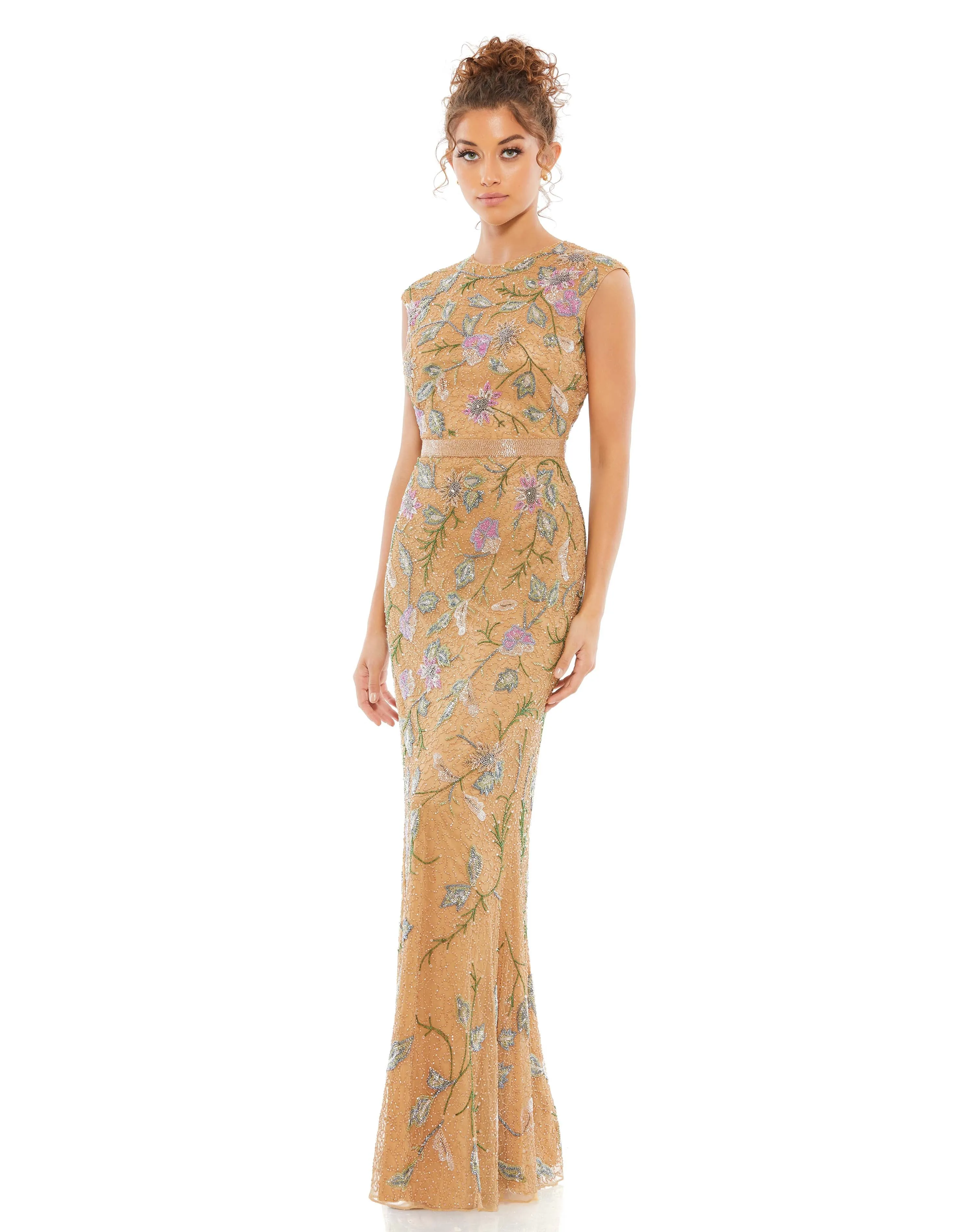 Brown Floral Beaded Cap Sleeve Evening Gown sold by Mac Duggal