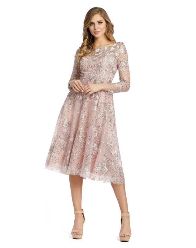 Long Sleeve Floral Embroidered Tea Length Dress sold by Mac Duggal