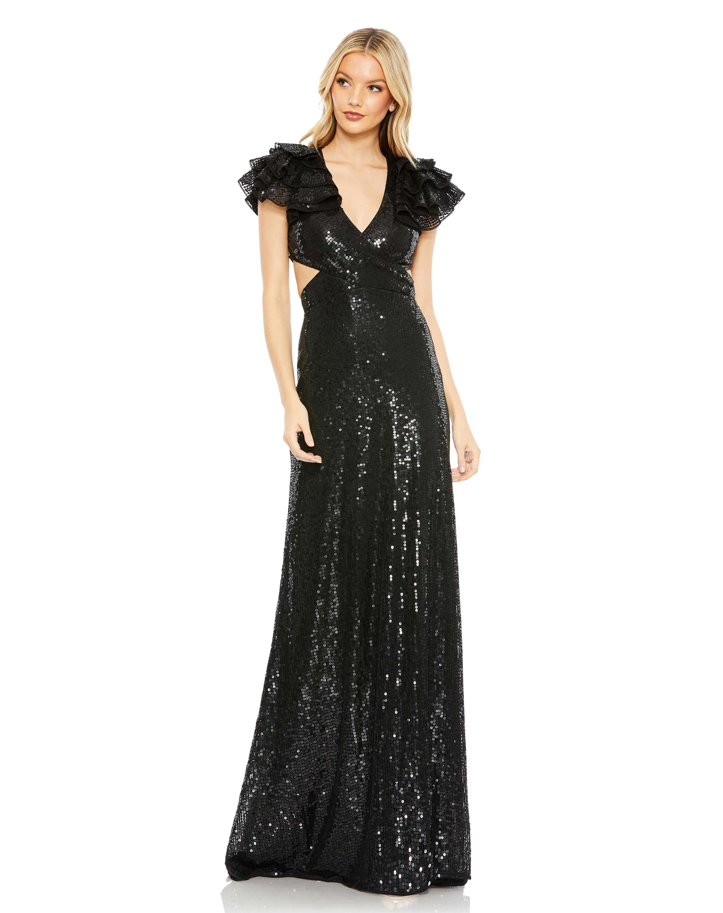 Black Sequin Ruffled Cut Out Lace Up Gown - FINAL SALE sold by Mac Duggal