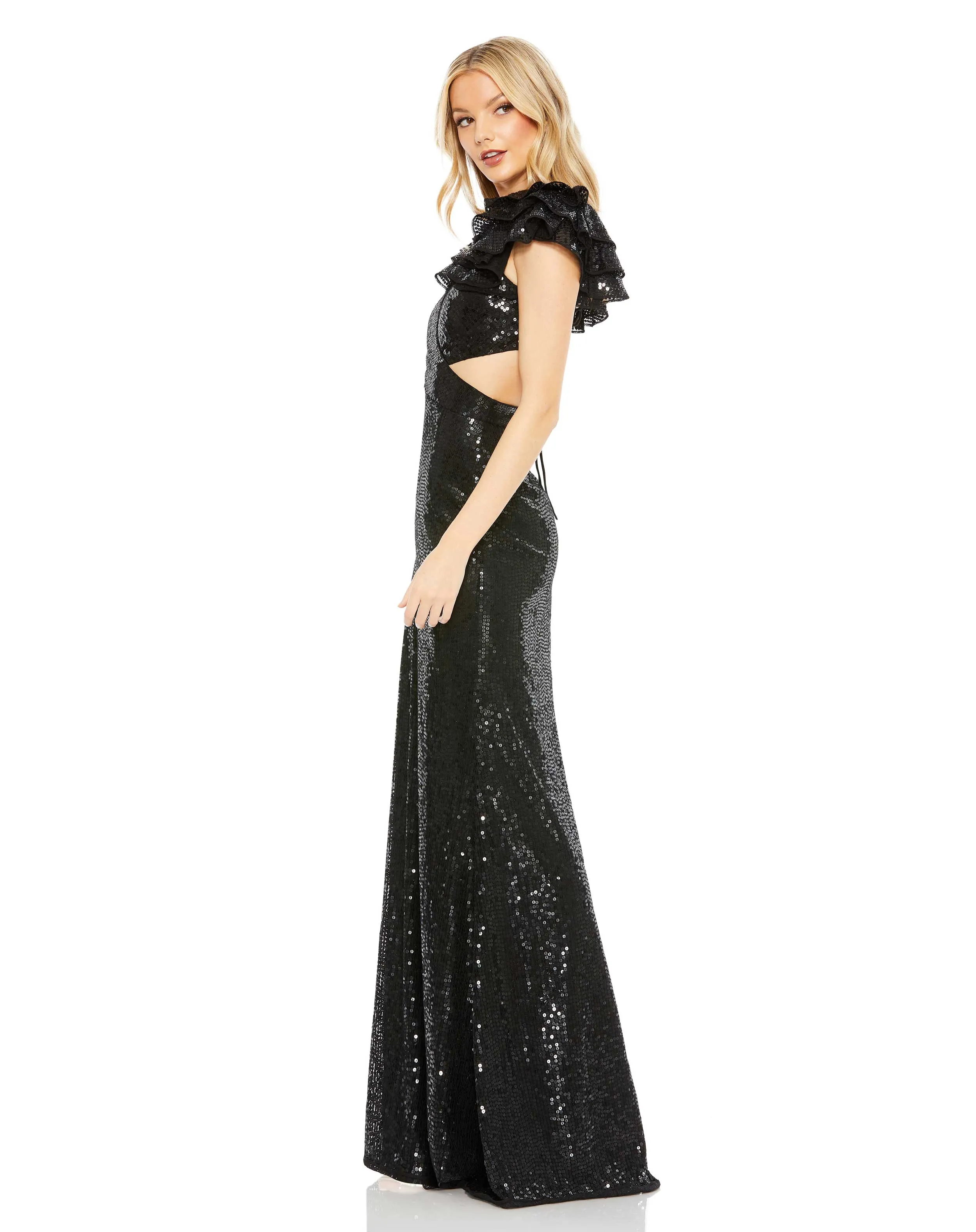 Black Sequin Ruffled Cut Out Lace Up Gown - FINAL SALE sold by Mac Duggal product image thumbnail 3