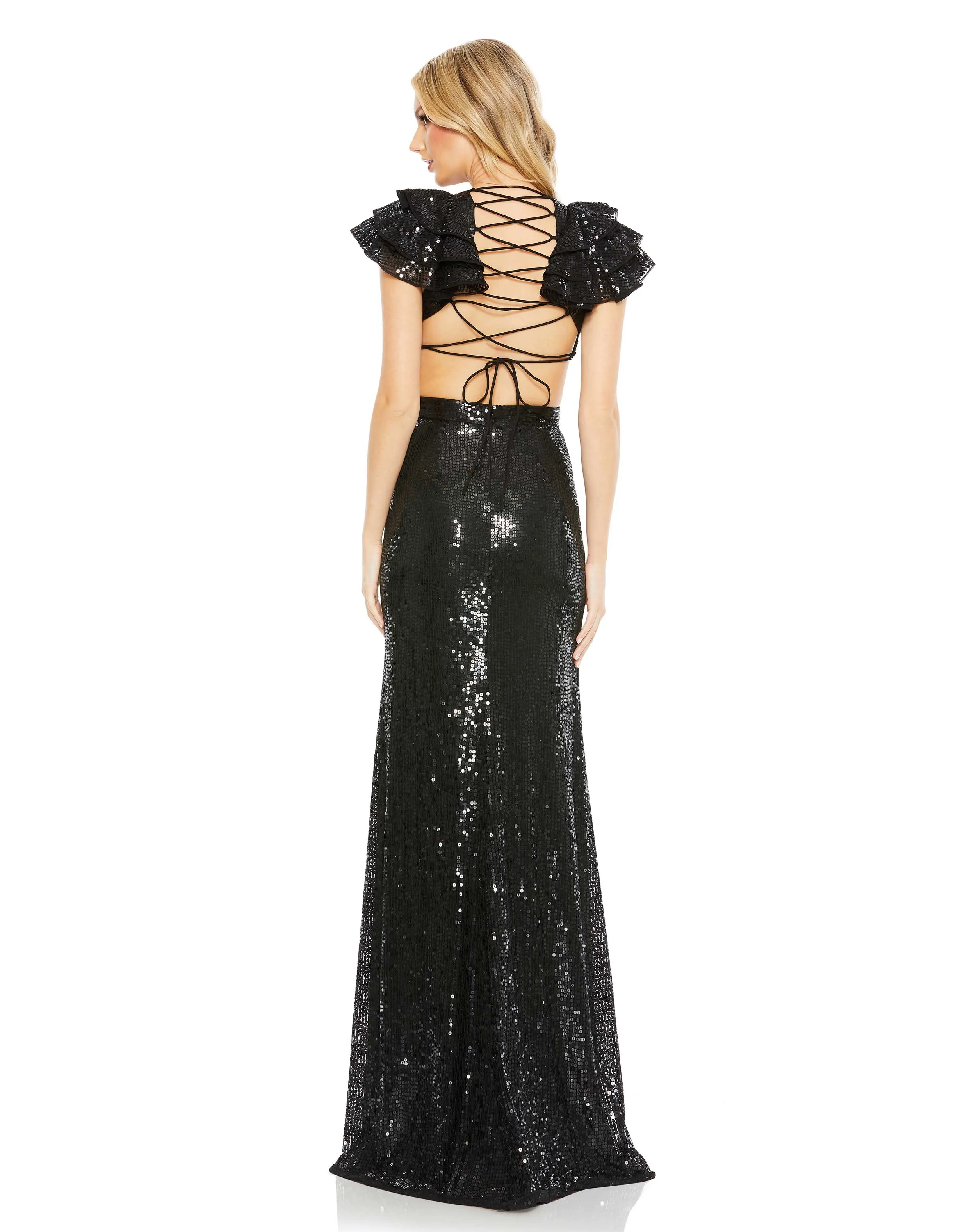Black Sequin Ruffled Cut Out Lace Up Gown - FINAL SALE sold by Mac Duggal product image thumbnail 2