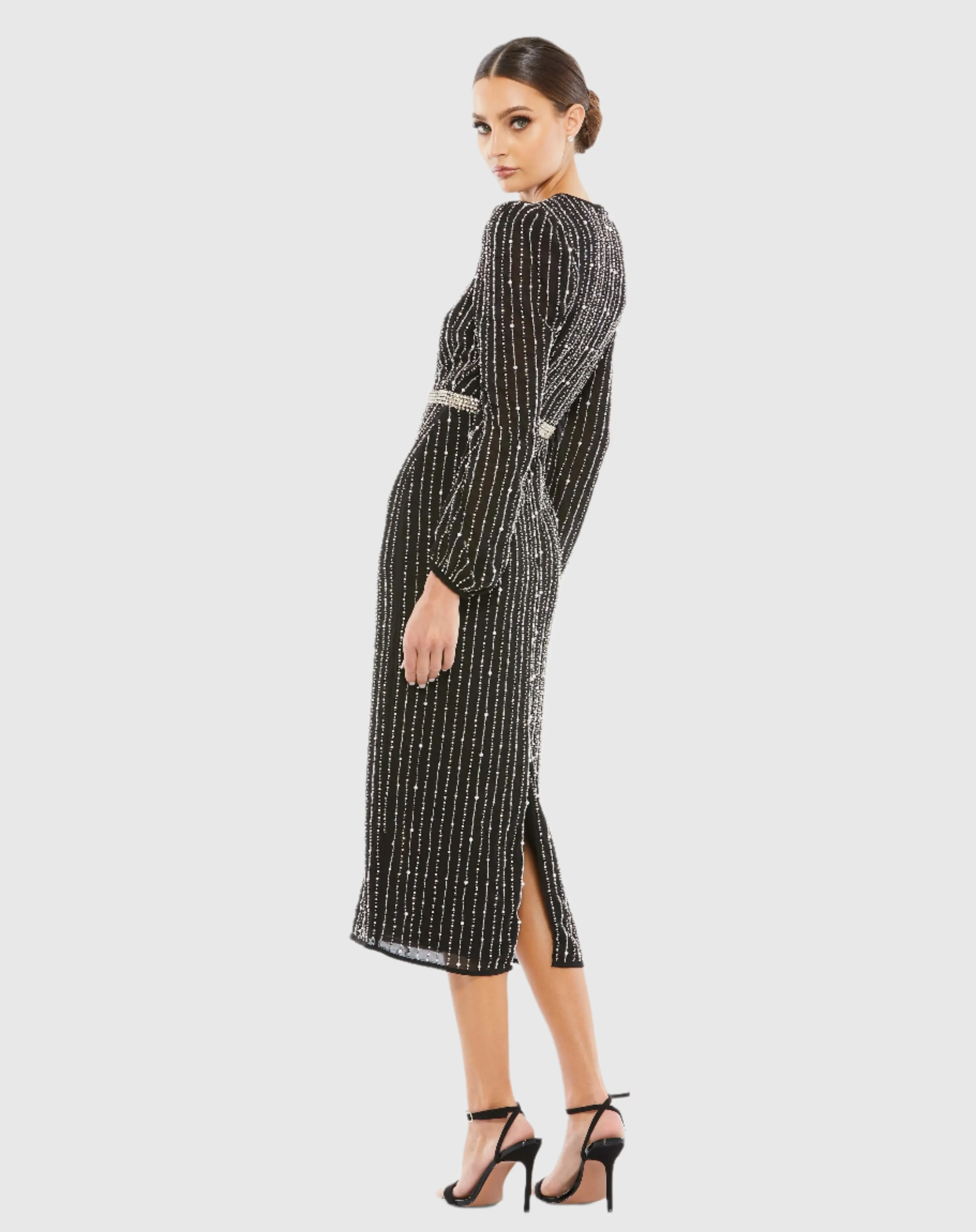 Long Sleeve Puff Sleeve Beaded Midi Dress - FINAL SALE sold by Mac Duggal product image thumbnail 3