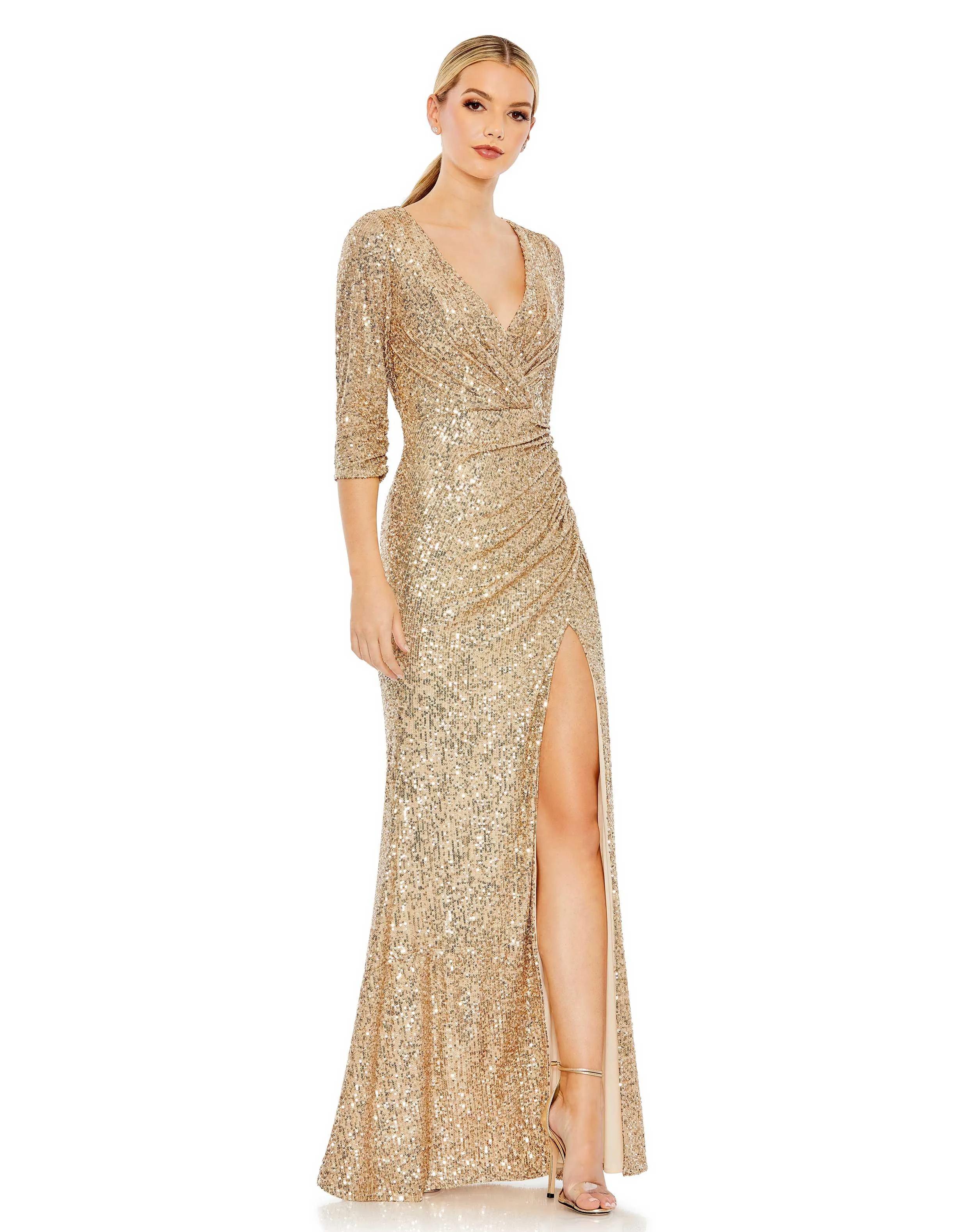 Gold Sequined Draped 3/4 Sleeve Gown sold by Mac Duggal
