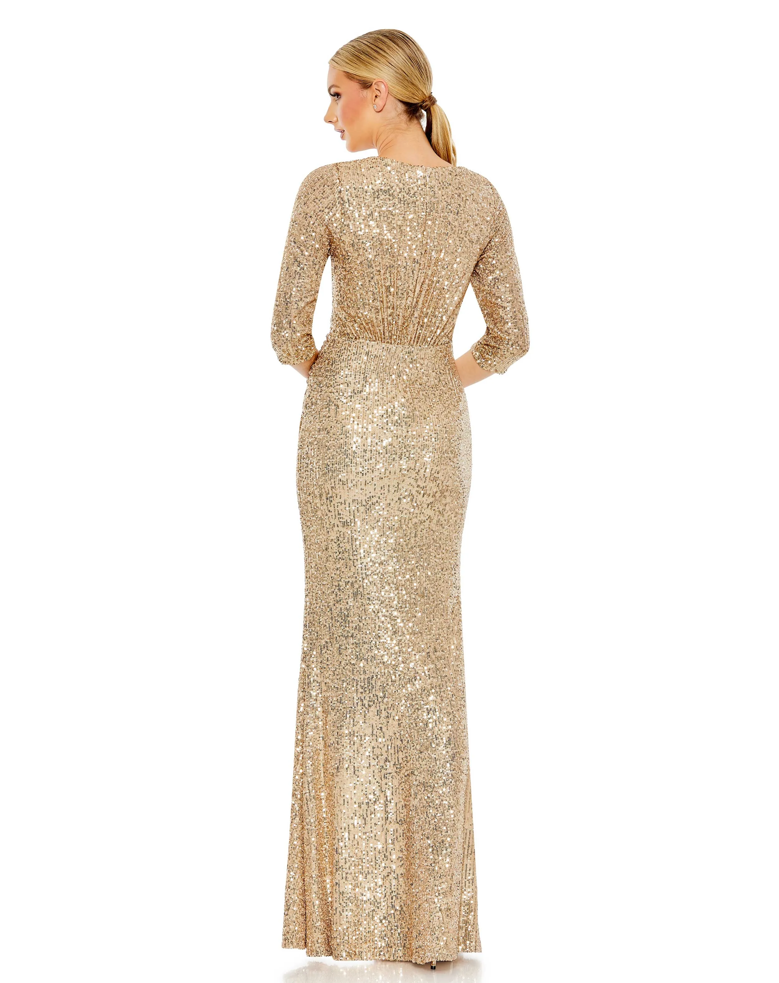 Gold Sequined Draped 3/4 Sleeve Gown sold by Mac Duggal product image thumbnail 3